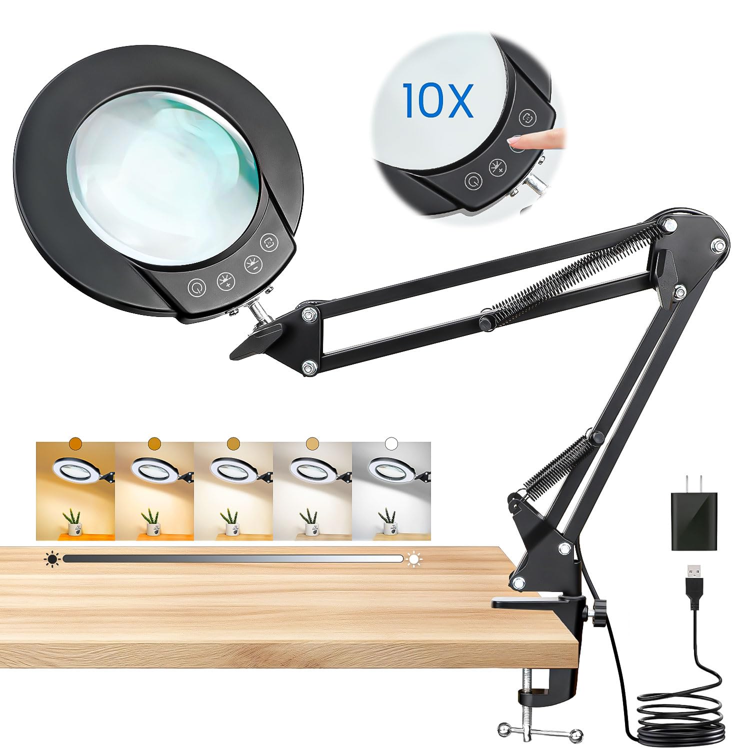 Ounic 10X Magnifying Glass with Light and Clamp, Magnifying Glass for Close Work with 5 Color Modes 5 Dimming Levels LED Desk Lamp, Hands Free for Reading Painting Repair Embroidery Jewelry Carving