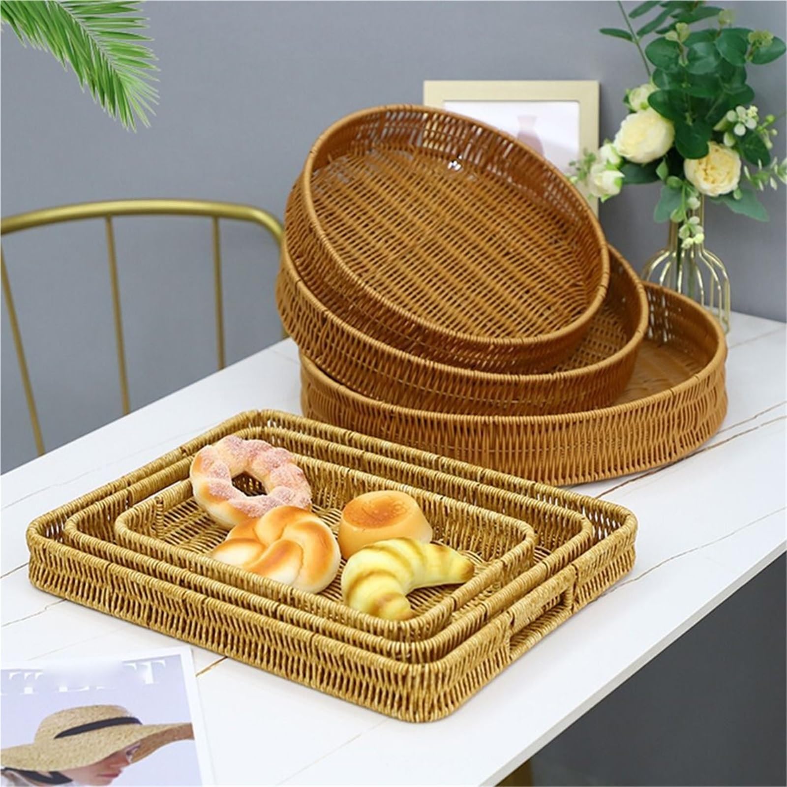 Food Plate Handwoven Rattan Storage Tray Round Shape Fruit Vegetable Cake Wicker Basket pour l'organisation de la Maison(7 * 39.5cm)