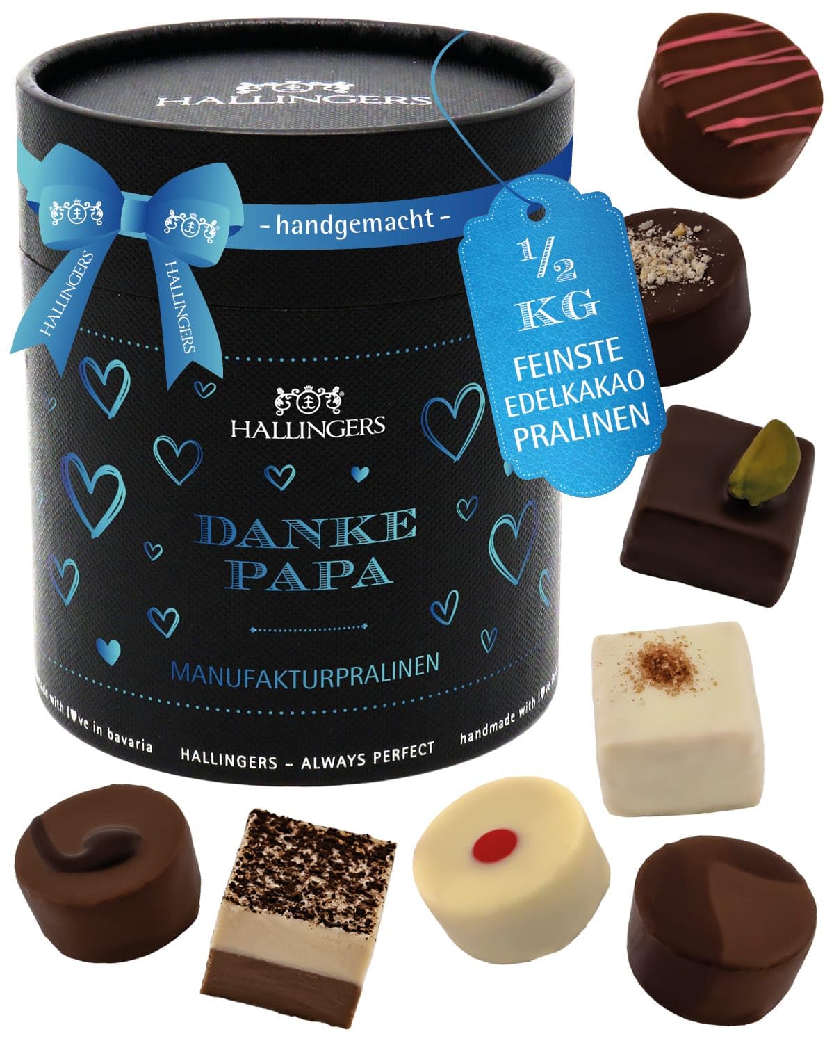 Hallingers Genuss Manufaktur Pralinen Vatertagsgeschenk - ohne Alkohol, handmade aus Confiserie-Edelkakao in wertiger XXL-Geschenkdose "Danke Papa", Geschenkidee für Papa Opa