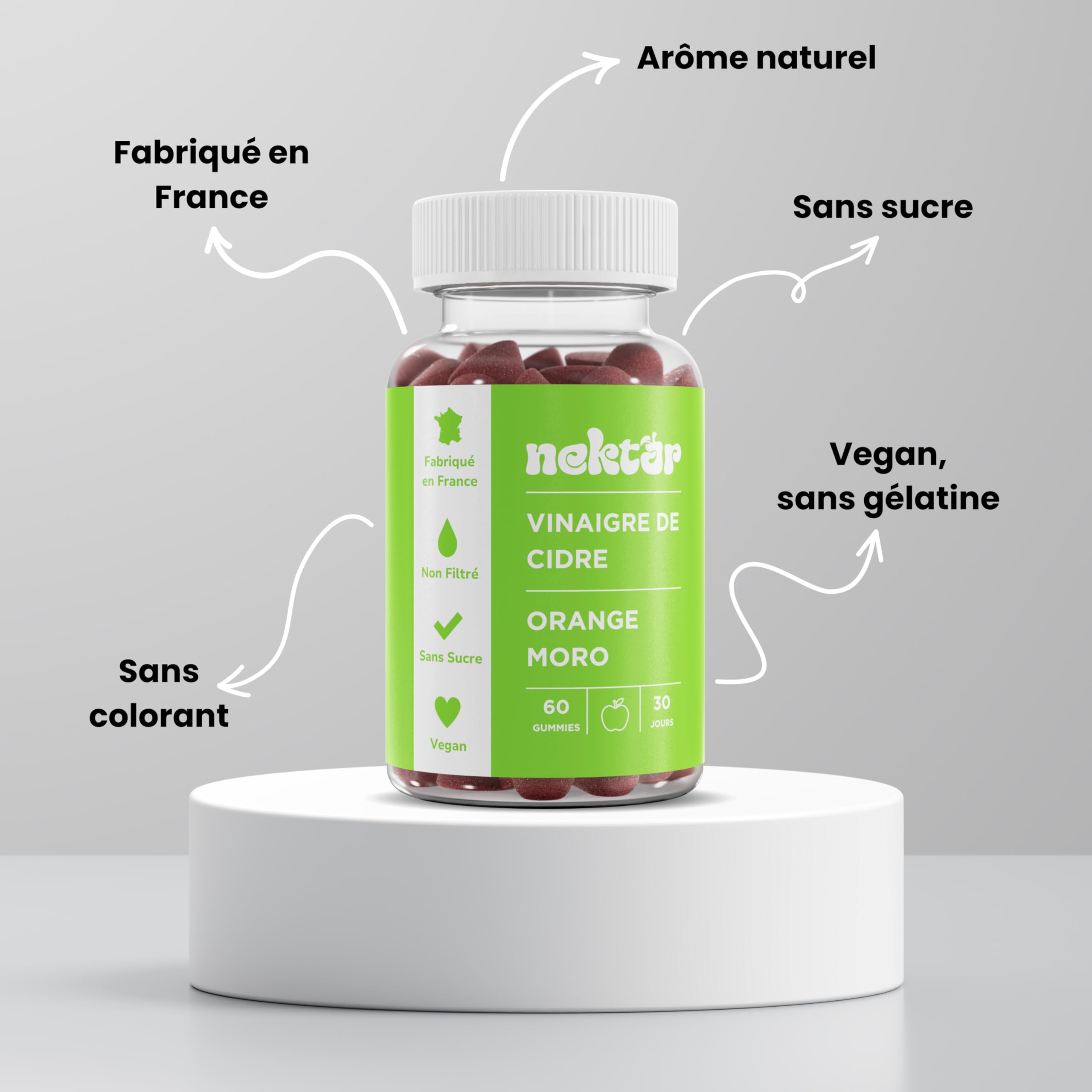 Nektar | Gummies Vinaigre de Cidre 1000mg | Orange Moro | Chrome | Vitamine B6 | Perte de Poids, Digestion, Glycémie & Énergie | Sans Sucre, Vegan | Fabriqué en France