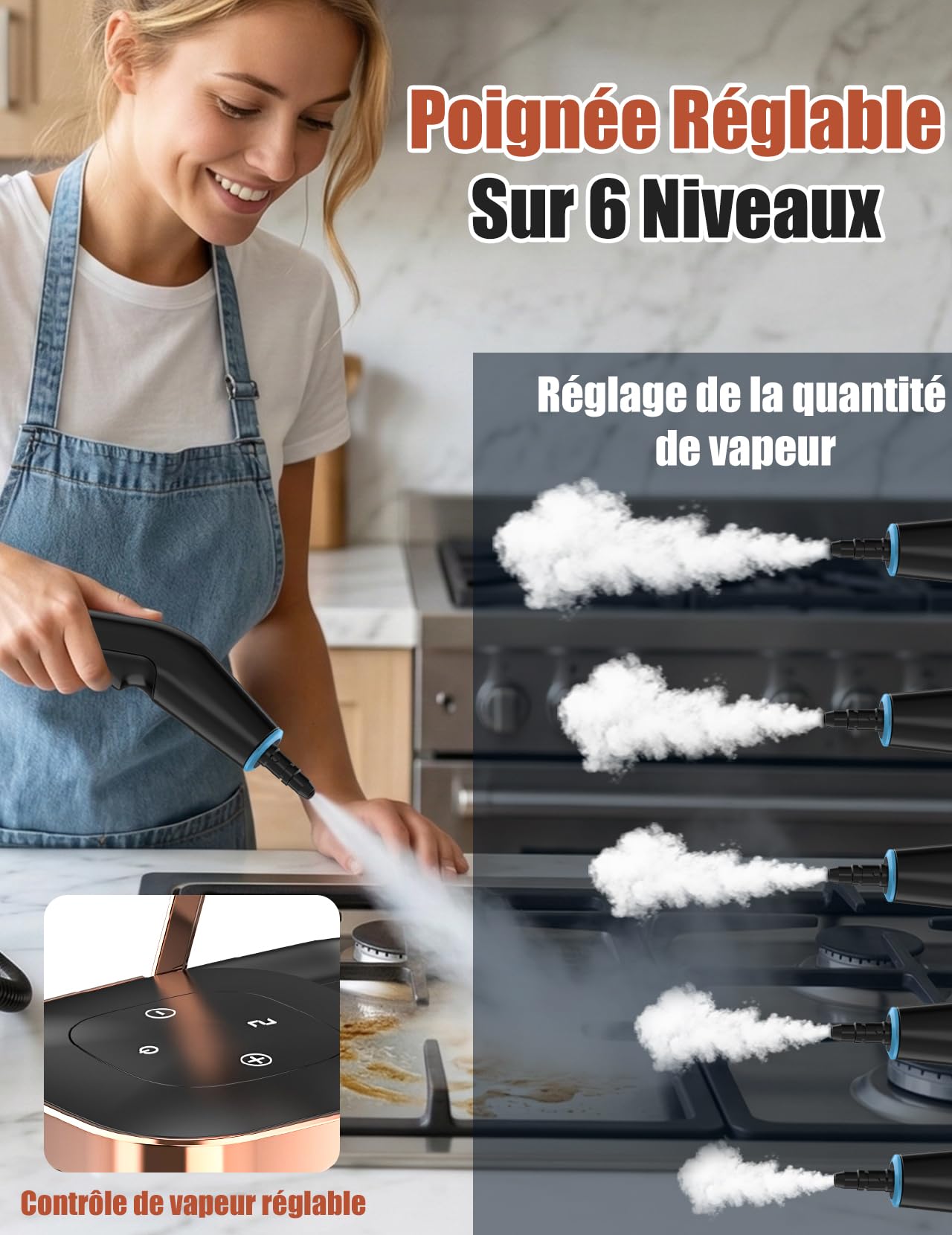 Nettoyeur à Vapeur, 2500W Nettoyeur à Vapeur Manuel Polyvalent avec 6 Vitesses Réglables et 8 Types de Buses, 1250ML Portable Haute Pression pour Maison et Voiture