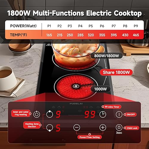 Miniatura 4 de Placa de cocina eléctrica de 2 quemadores, estufa de cerámica portátil con 9 niveles de potencia y temporizador, 1800 W 120 V, bloqueo de seguridad