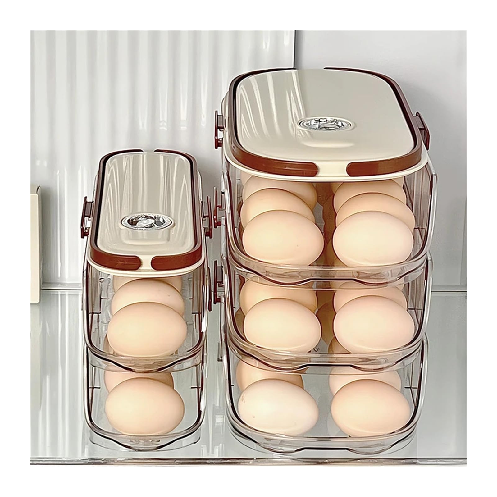 Soporte grande para huevos para nevera, organizador automático de plástico transparente, dispensador de huevos apilable y contenedor de almacenamiento (M)