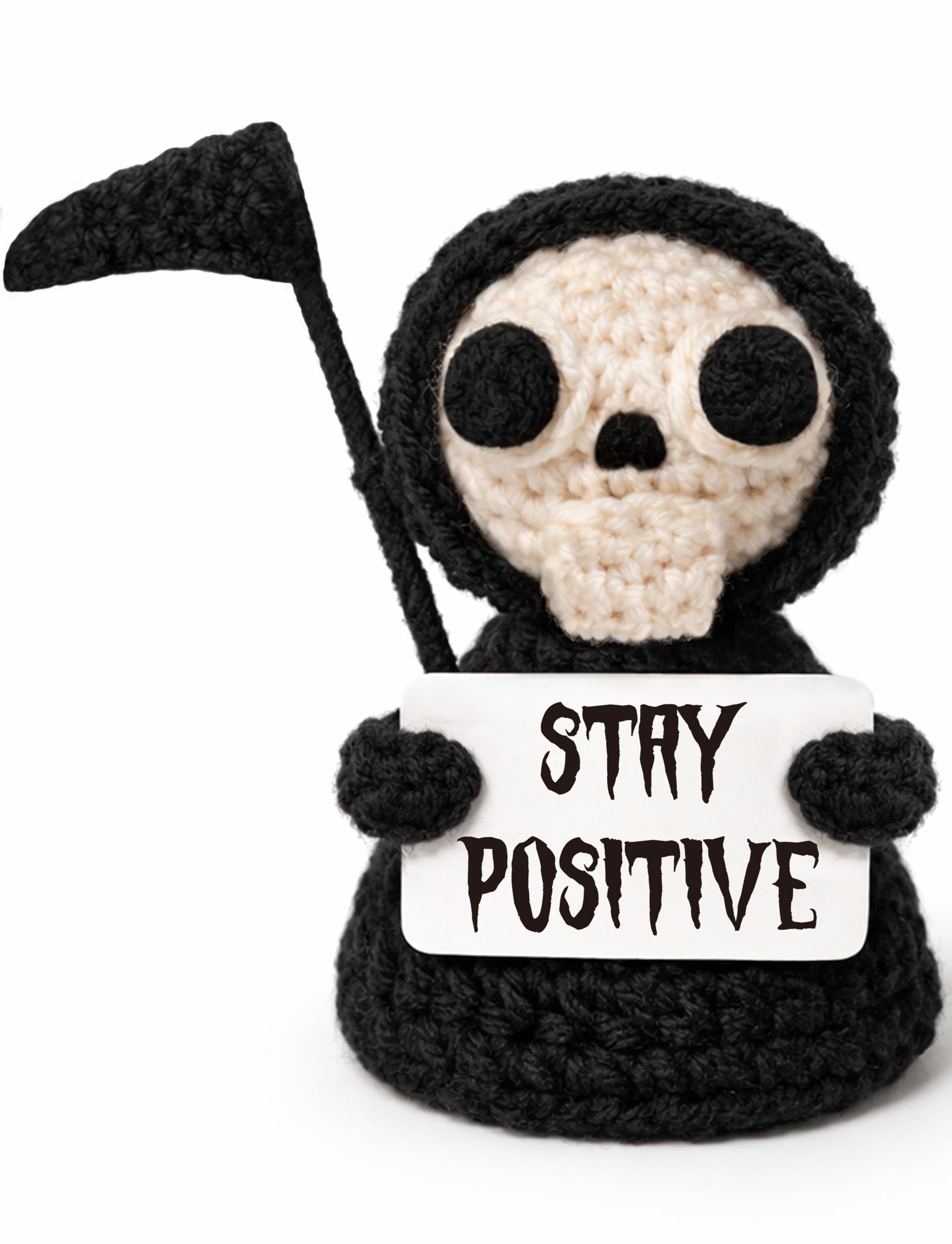 Funny Gothic Grim Reaper Crochet Plush - Spooky Cute Office Decor Dark Humor Gift - Stay Positive Sarcastic