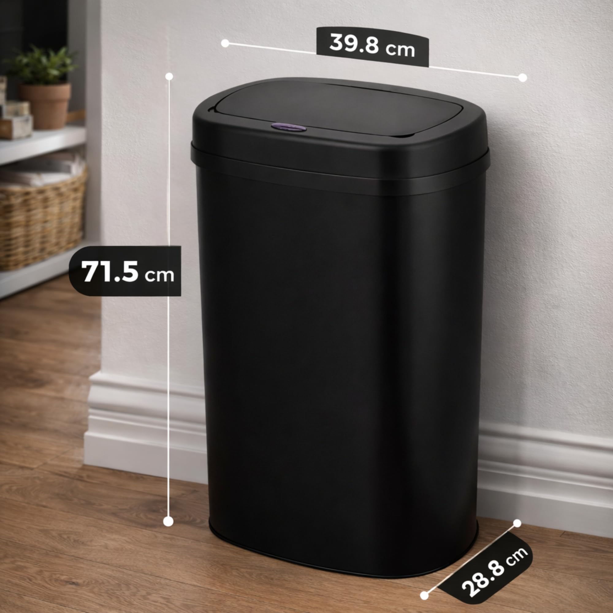 Bayt Mülleimer mit Sensor 60 Liter - Automatischer Abfalleimer für in der Küche, Badezimmer und Homebüro, Berührungslos, Edelstahl, Geruchsarm, Innenring, Schwarz