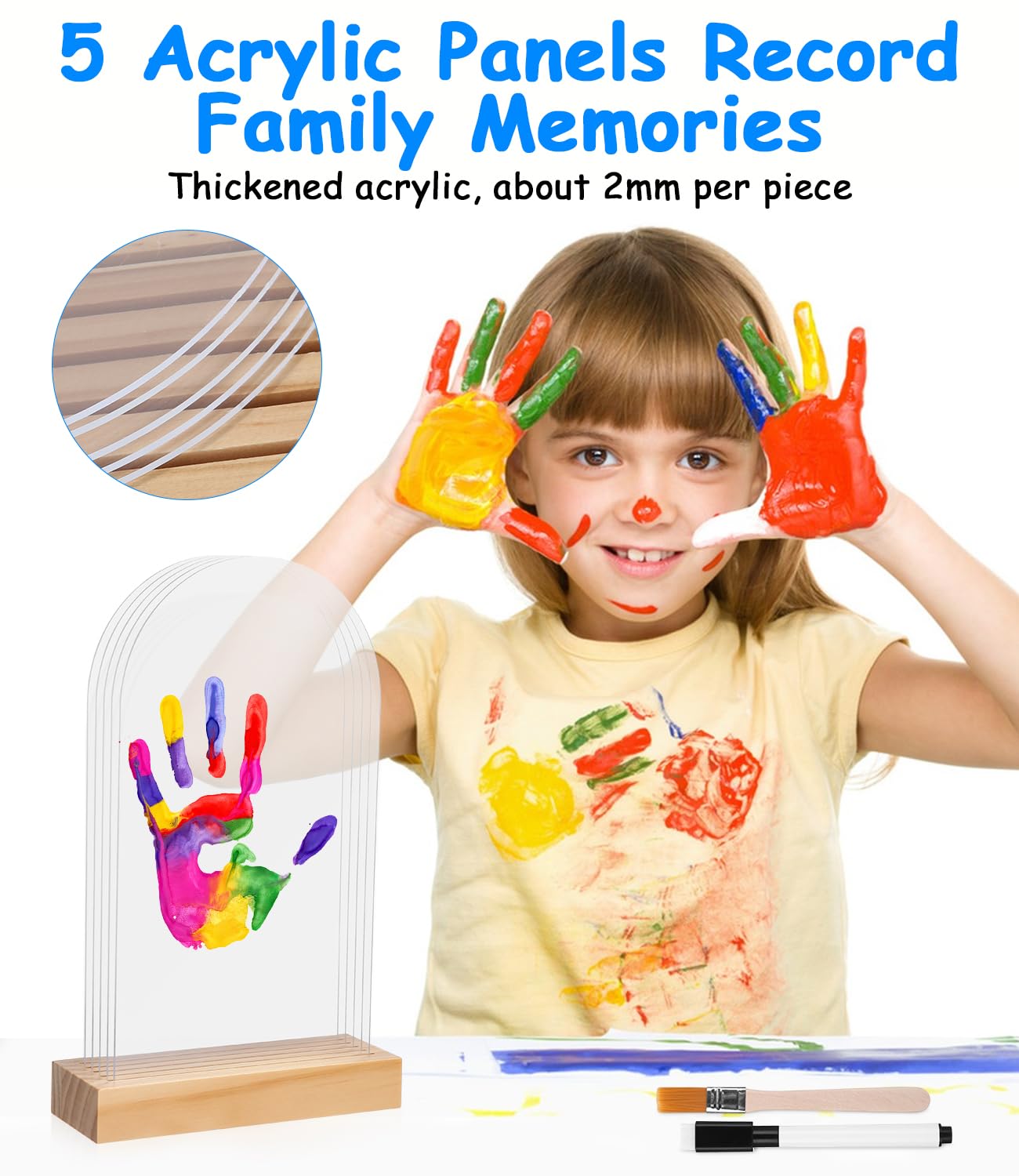 Kit Empreinte Main Famille avec 5 Plaques Plexiglas 6 Couleurs Pigments, Cadeau Bebe Naissance
