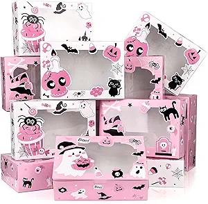 24Pcs Halloween Treat Boxes Halloween Cookie Boxes with Window Pink Ghost Boo Pumpkin Skull Black Cat Pattern Bakery Boxes for Cupcake Candies Donuts for Trick or Treat Party Supplies