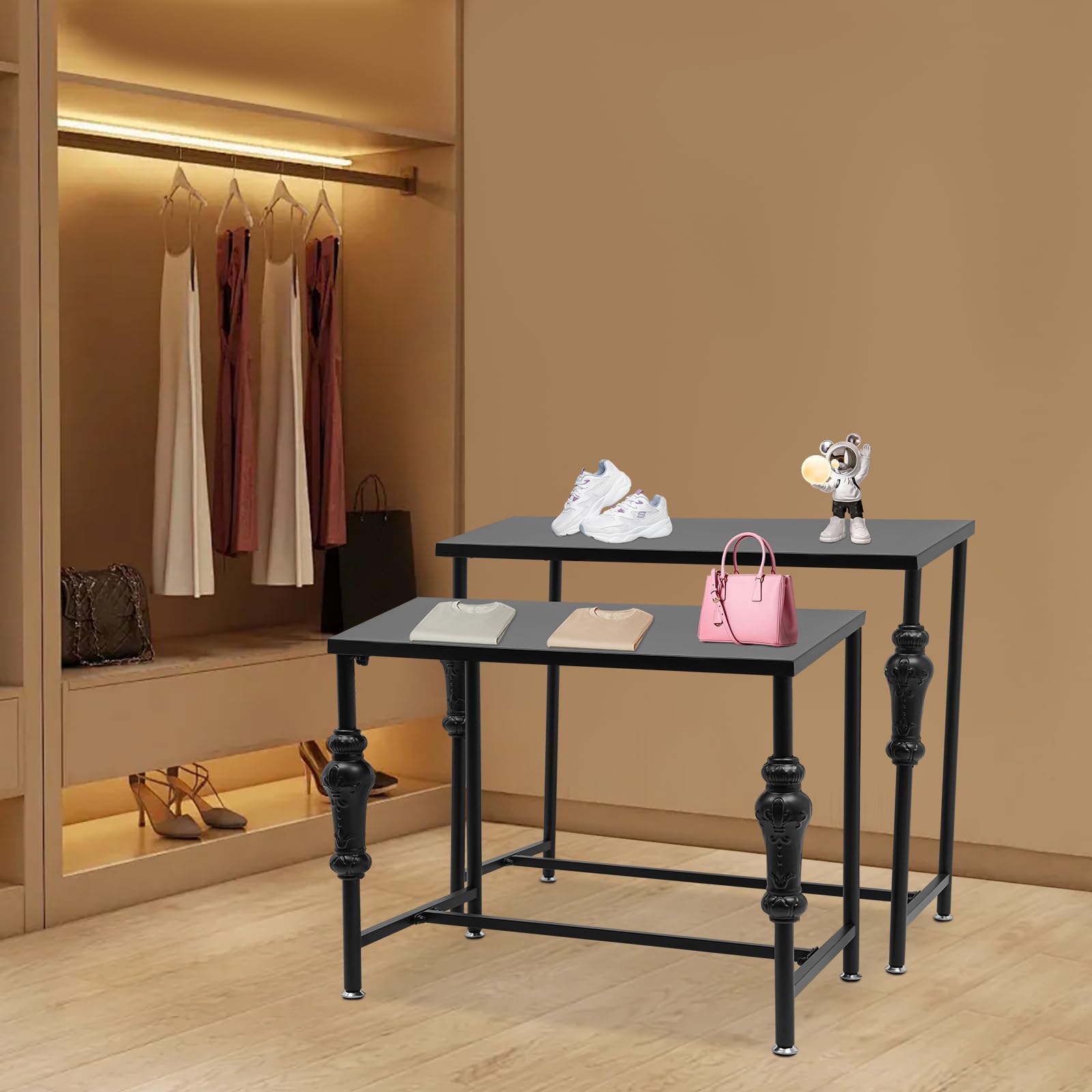 Hanmorfarbi 2 Piece Merchandise Display Rack, Industrial Style Retail Display Table, Vertical Clothing Shoe Display Rack, Boutique Display Rack, Vintage Storage Rack, Clothing Handbag Display Rack