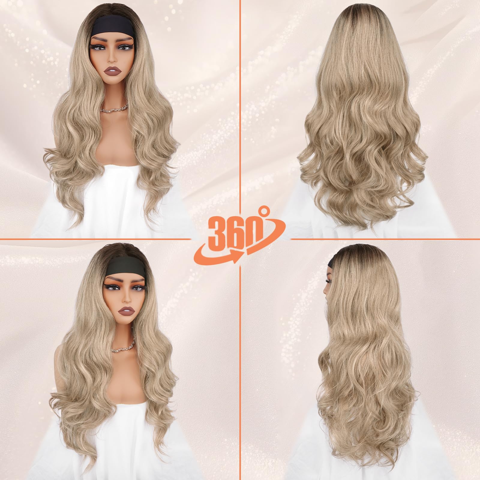 BARSDAR Ombre Blond Gewellte Stirnband Perücke, 66cm Lange Lockere Gewellte Synthetisches Stirnband Perücke für Frauen - Kleberlos Leichtes Natürliches Aussehen Einfaches Tragen Stirn Band Perücken