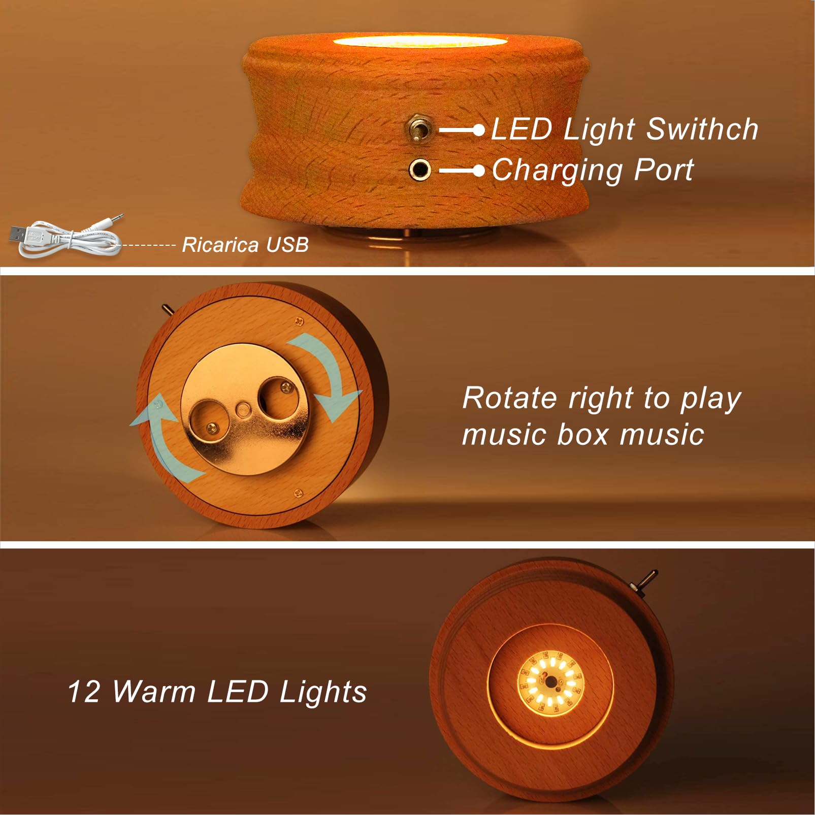 Caja De Musica con Luz, 3D Bola Cristal De Caja Musica Madera Giratorio 360°, Cajas Musicales para Niño/Adultos/Día De La Madre/Cumpleaños/Regalos