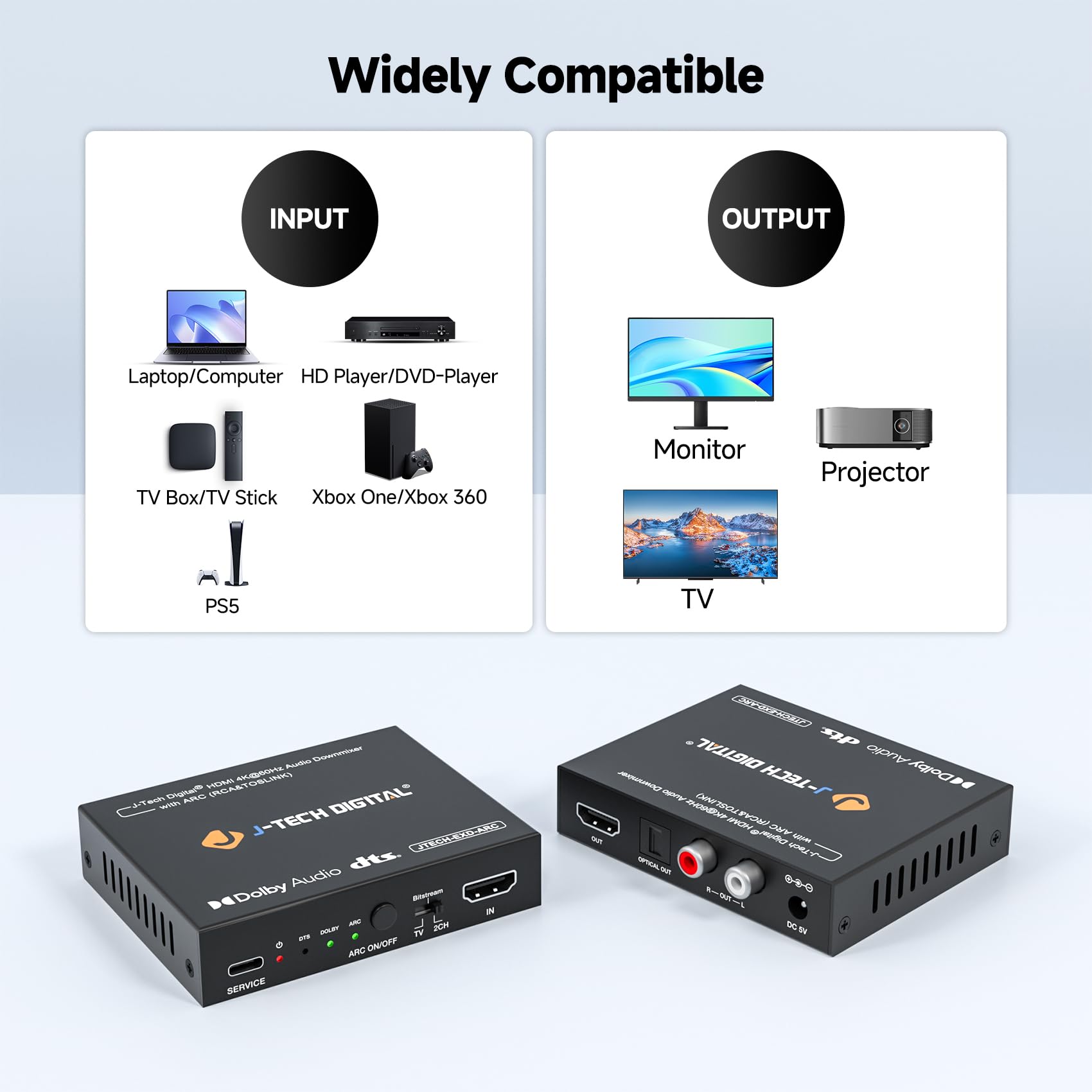 J-Tech Digital Estrattore audio HDMI 4K 60Hz con ARC e audio Downmix, convertitore da HDMI a ottico e RCA, HDCP 2.2 DTS Digital 5.1 PCM (JTECH-EXD-ARC)