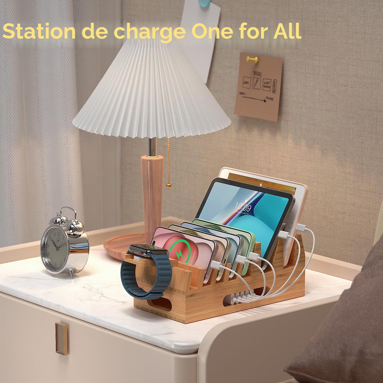 Pezin & Hulin Support de Station de Charge en Bambou avec 5 Ports USB, 5 câbles de Charge, Support de Montre, Support de Station d'accueil en Bois, Organiseur électronique pour Plusieurs appareils,