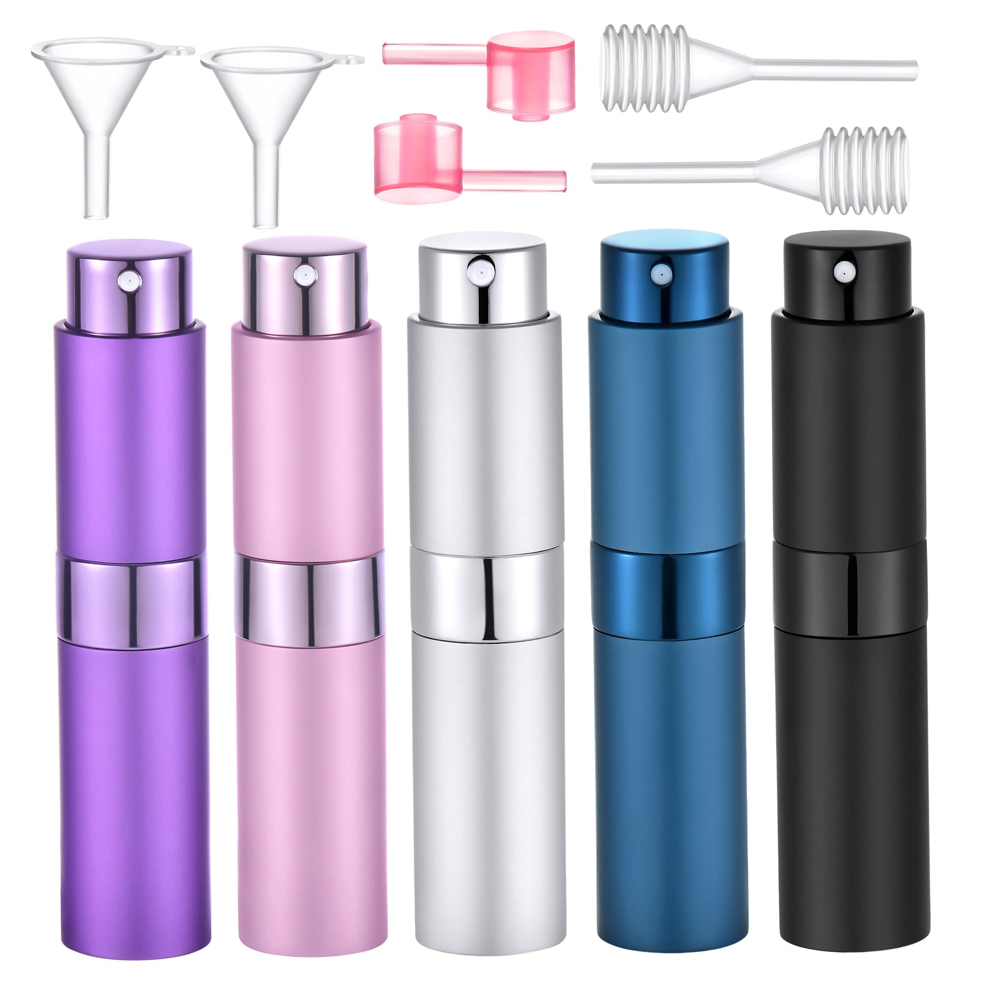 Yikimyfo Men's 5Pcs-8Ml(Blue+Black+Grey+Pink+Purple) 5 Pcs Travel Perfume Atomizer Refillable, 8Ml/0.27Oz Portable Mini Cologne Spray Bottle Travel Size Perfume Refill Bottle Fine Mist Atomizer For Travel With Tool