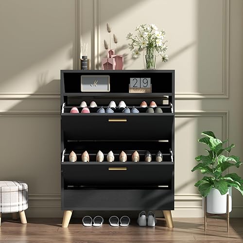 Vista 11 de Armario de almacenamiento de zapatos para entrada, organizador de zapatos independiente con 2 cajones abatibles, armario oculto delgado y estrecho