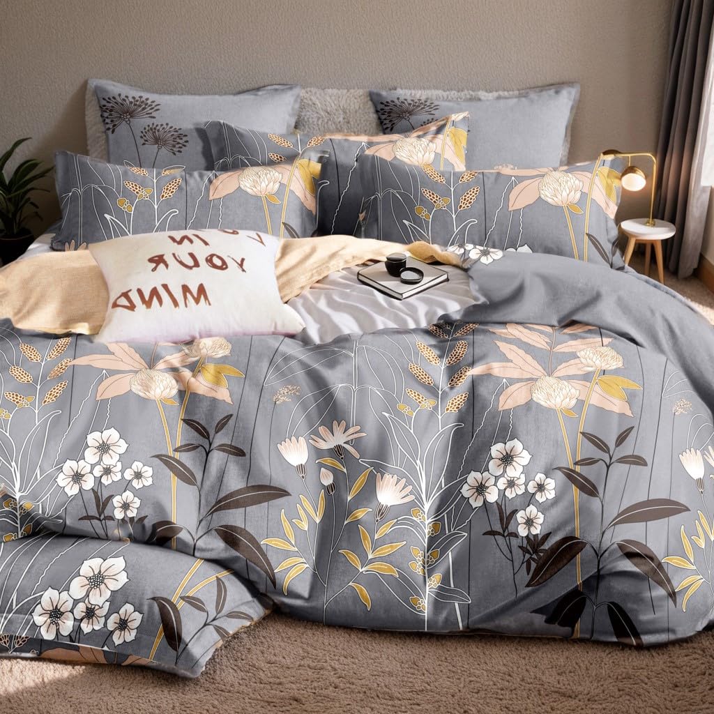 Juego de Funda Nórdica 3 Piezas Cama 90 Microfibra Extra Suave Transpirable - 1 Funda Edredón 150x220 cm, 1 Bajera 90x200+28 cm y 1 Funda Almohada 50x110 cm (Color Flor Gris)