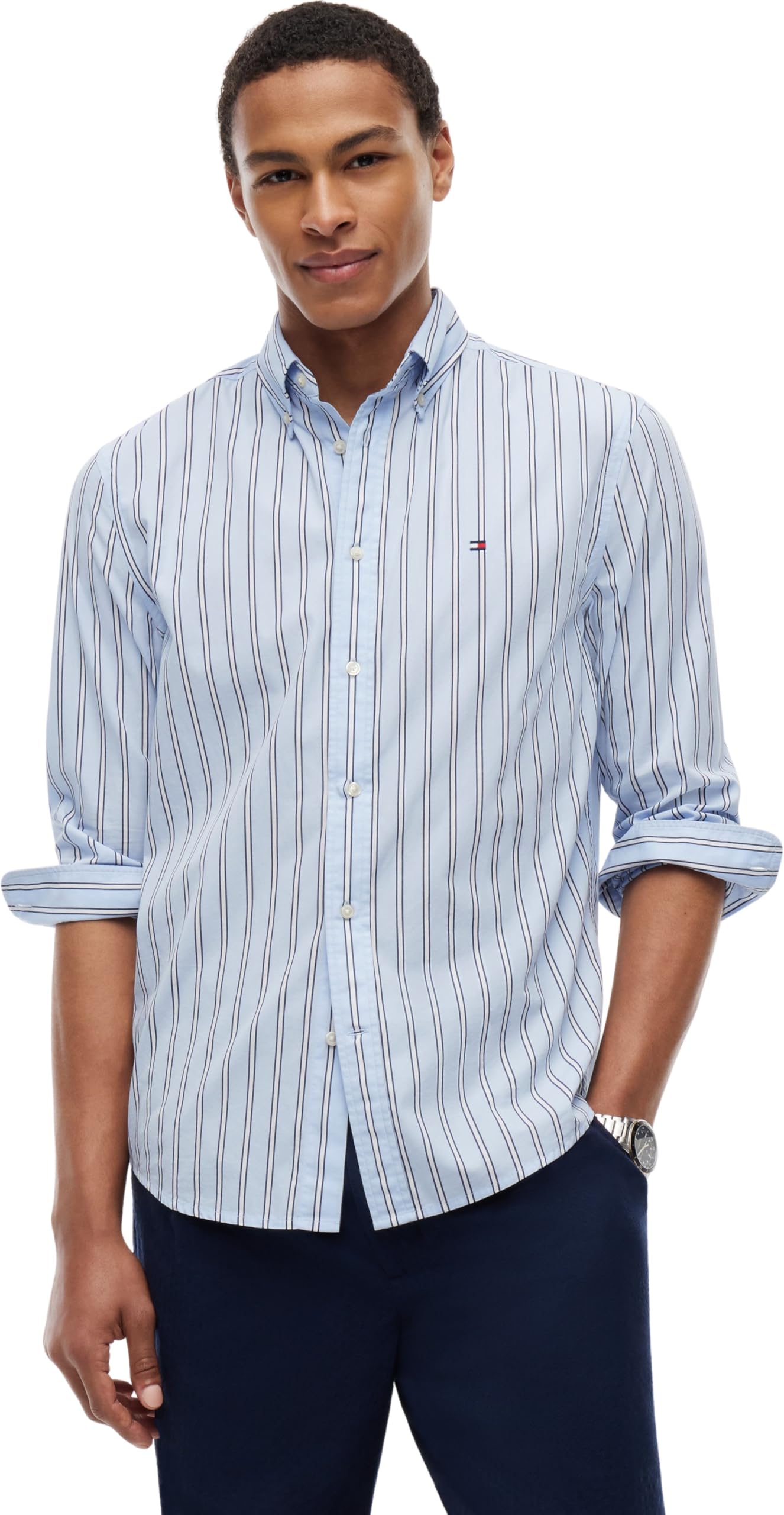 Tommy Hilfiger Uomo Camicia Flex Poplin Bold Stripe in Cotone, Blu (Sweet Blue/Stripe), S