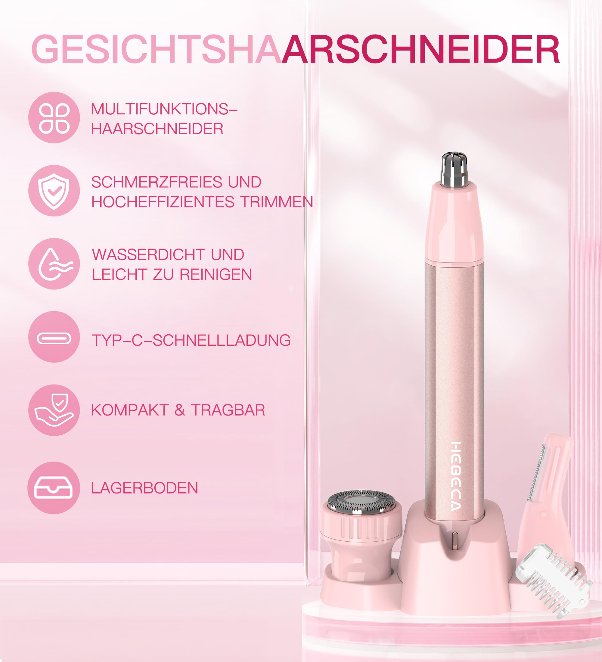 Nasenhaarschneider für Frauen, 3-in-1 Gesichtshaarentfernungstrimmer, wasserdicht, tragbar, wiederaufladbar über USB, mit Reisetasche