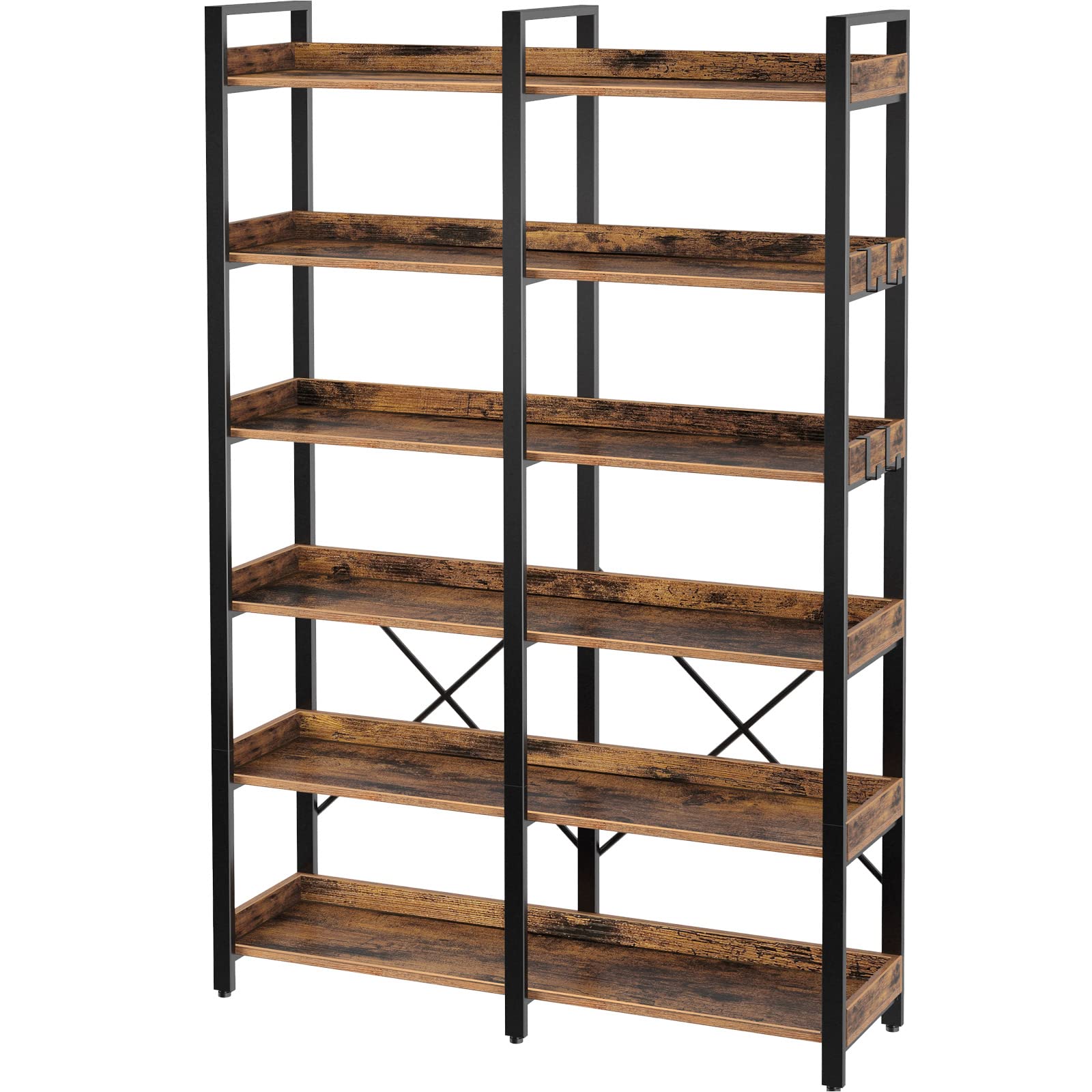 Seventable Bookshelf 6-Tier 69" with Top Edge , Open Bookcase with 4 Hooks, Double Wide Bookshelf, Rustic Industrial Display Bookshelves, Wood and Metal Frame Bookcases for Living Room, Rustic Brown