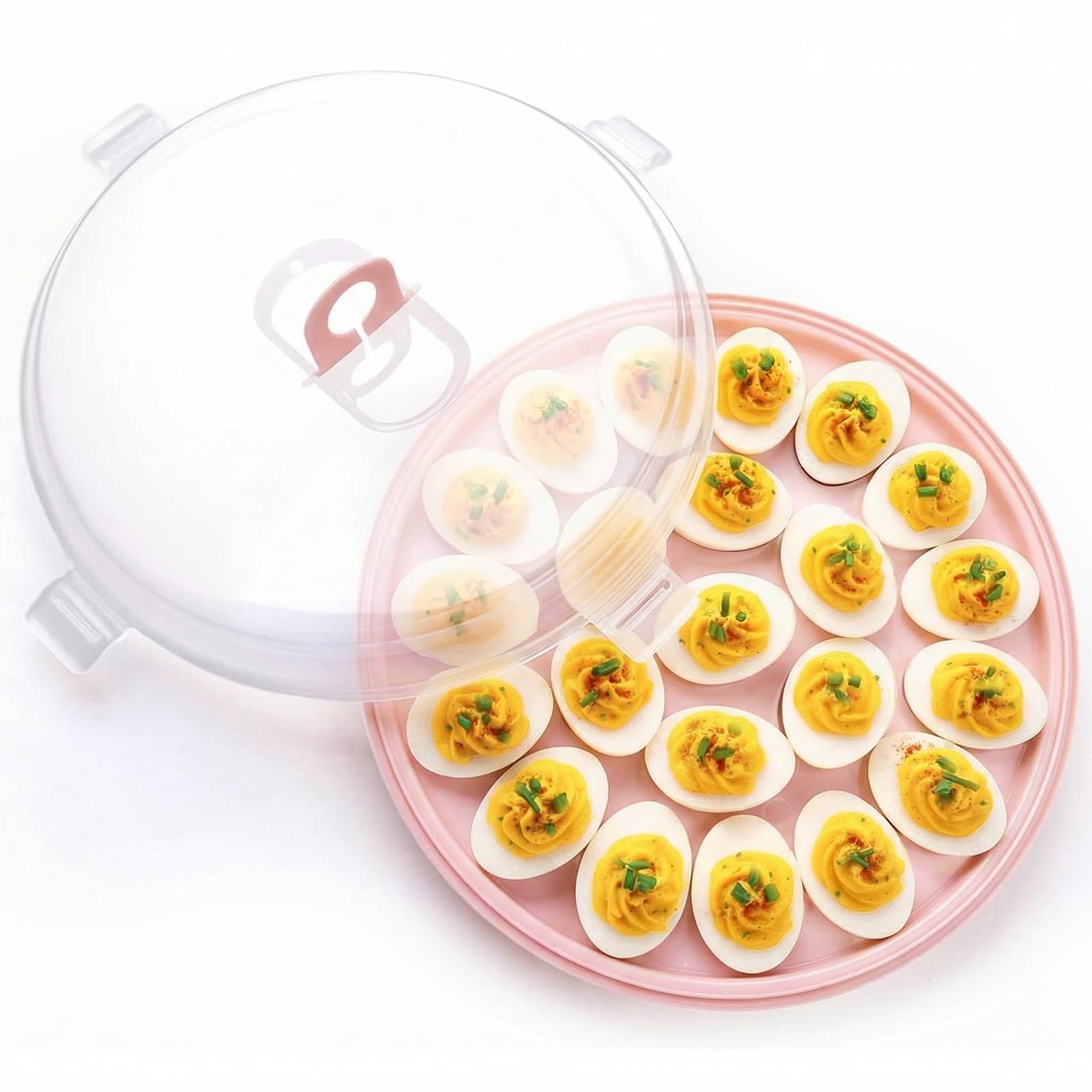 HANSGO Bandeja de huevos diablos, soporte redondo rosa para huevos con tapa, portador portátil para acampar, Pascua, señoras, cocina, refrigerador, 22 ranuras para huevos