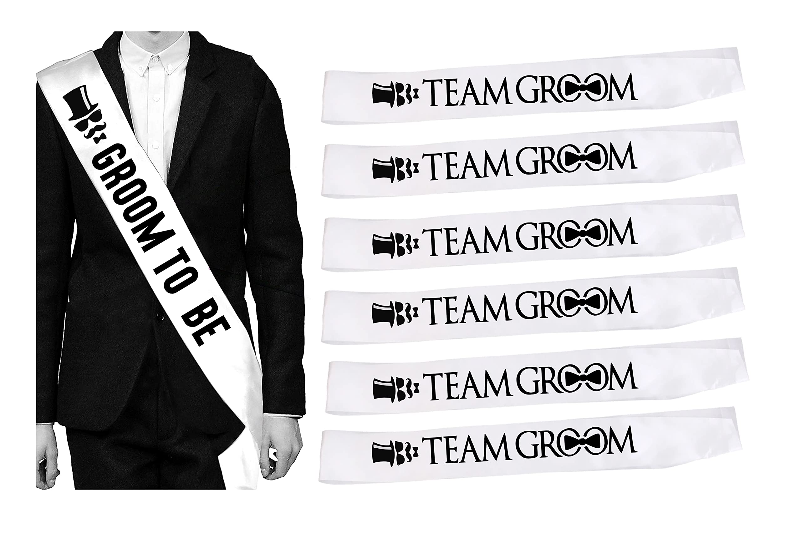 Hubops 7 Pcs 1 Groom to be + 6 Team Groom Sash for Set Wedding Stag Night Bachelor Party Decoration (White Team Groom)