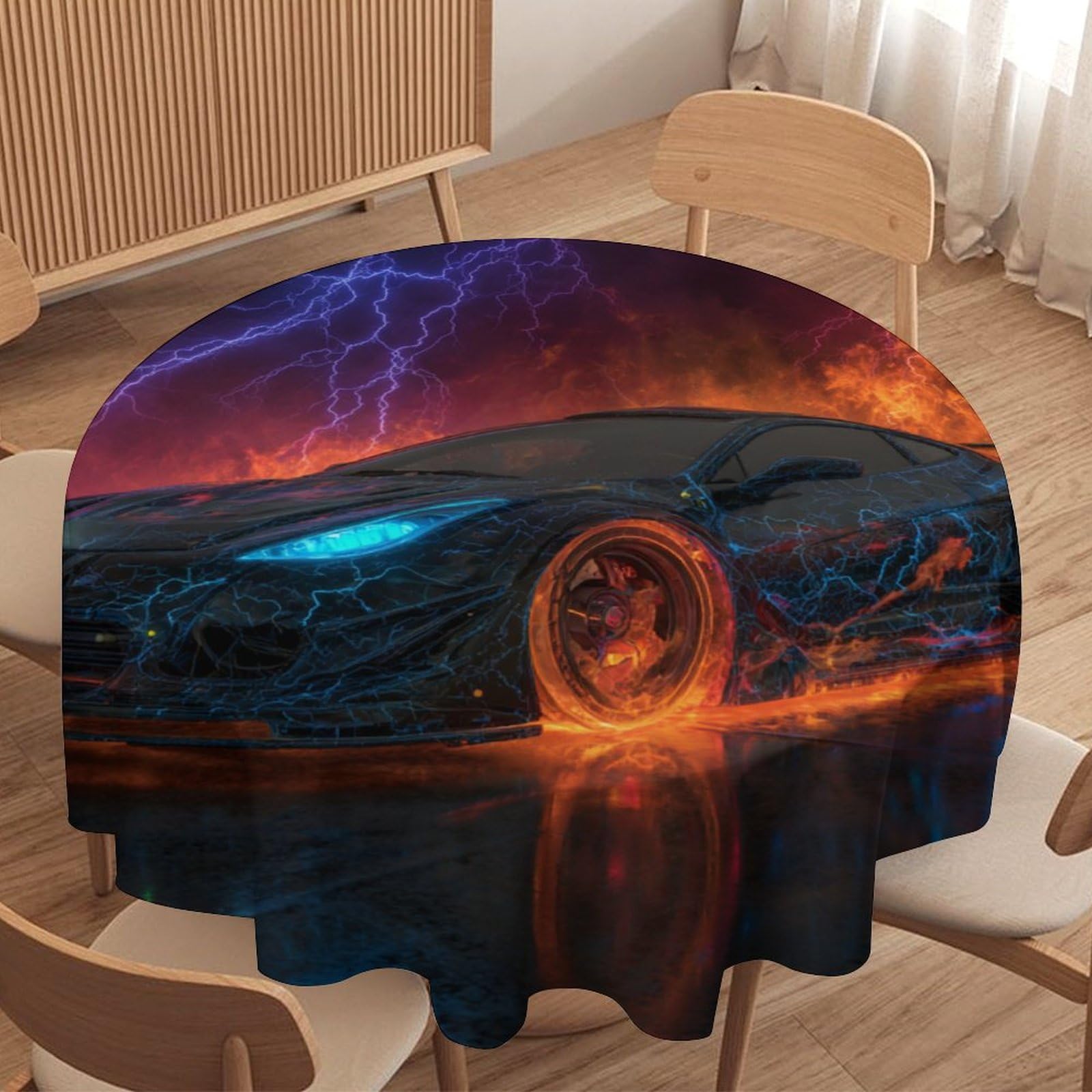 LUYYSKY Classic Cool Racing Car Waterproof Round Tablecloth Funny Abstract Lightning Burning Sports Car Pattern Washable Table Cover for Kitchen-70 Wx70 L