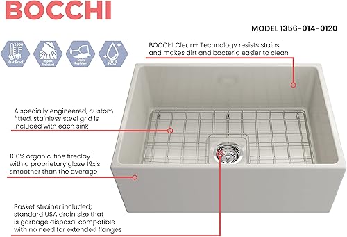 Miniatura 3 de BOCCHI Contempo Farmhouse Delantal de arcilla refractaria delantera de 27 pulgadas. Fregadero de cocina de un solo tazón con rejilla inferior