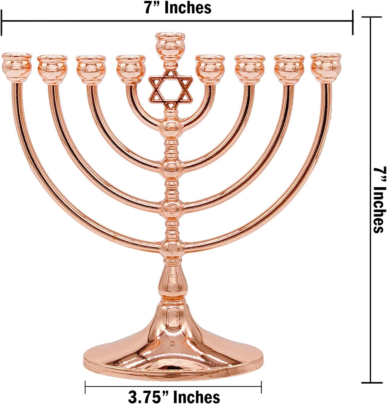 The Dreidel Company Hanukkah Menorah with Traditional Star Polished Copper Finish, Full Size 7 Inches Tall