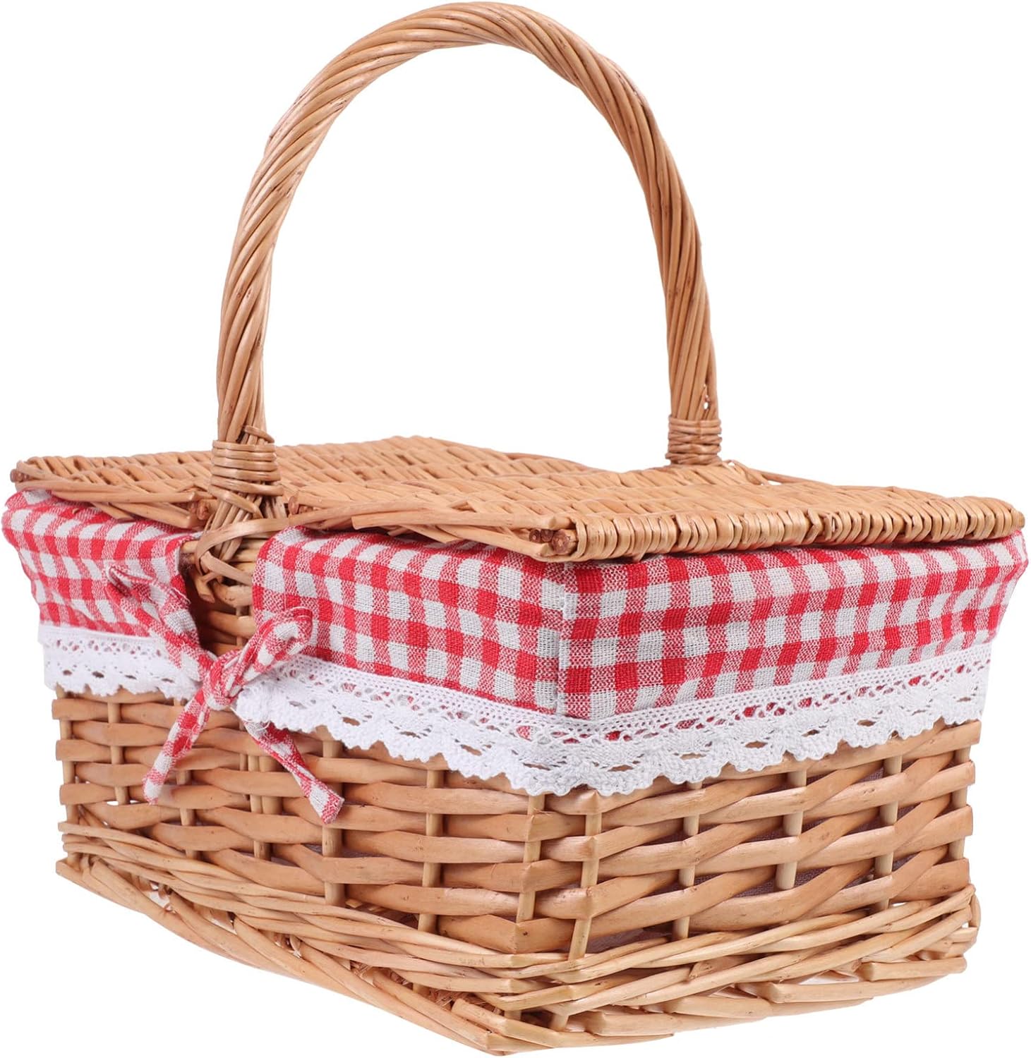 Picnic Woven with Handles Picnic Storage Basket with Lid Farmhouse Ornaments Wedding Party Favors Decoration (Red) Wicker