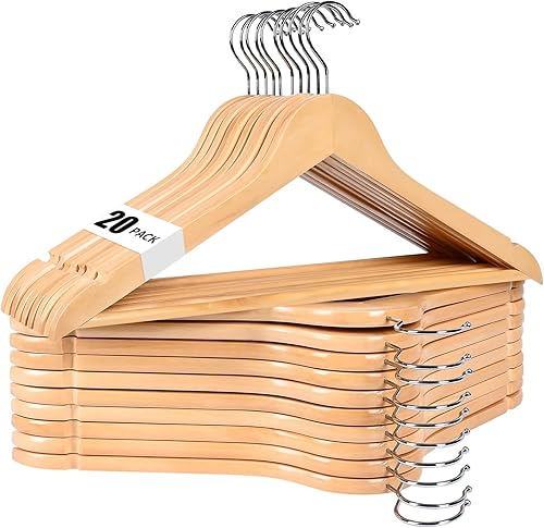 Perchas de madera natural, paquete de 20 unidades, perchas con ganchos giratorios de 360 grados, perchas de madera con ranuras para los hombros,