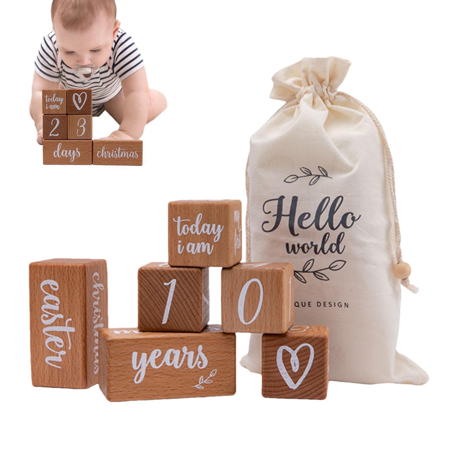 Abonda Baby Blocks, Wooden for Babies, Digital Blocks for Boy and Girl Commemorative Baby Growth Record Card