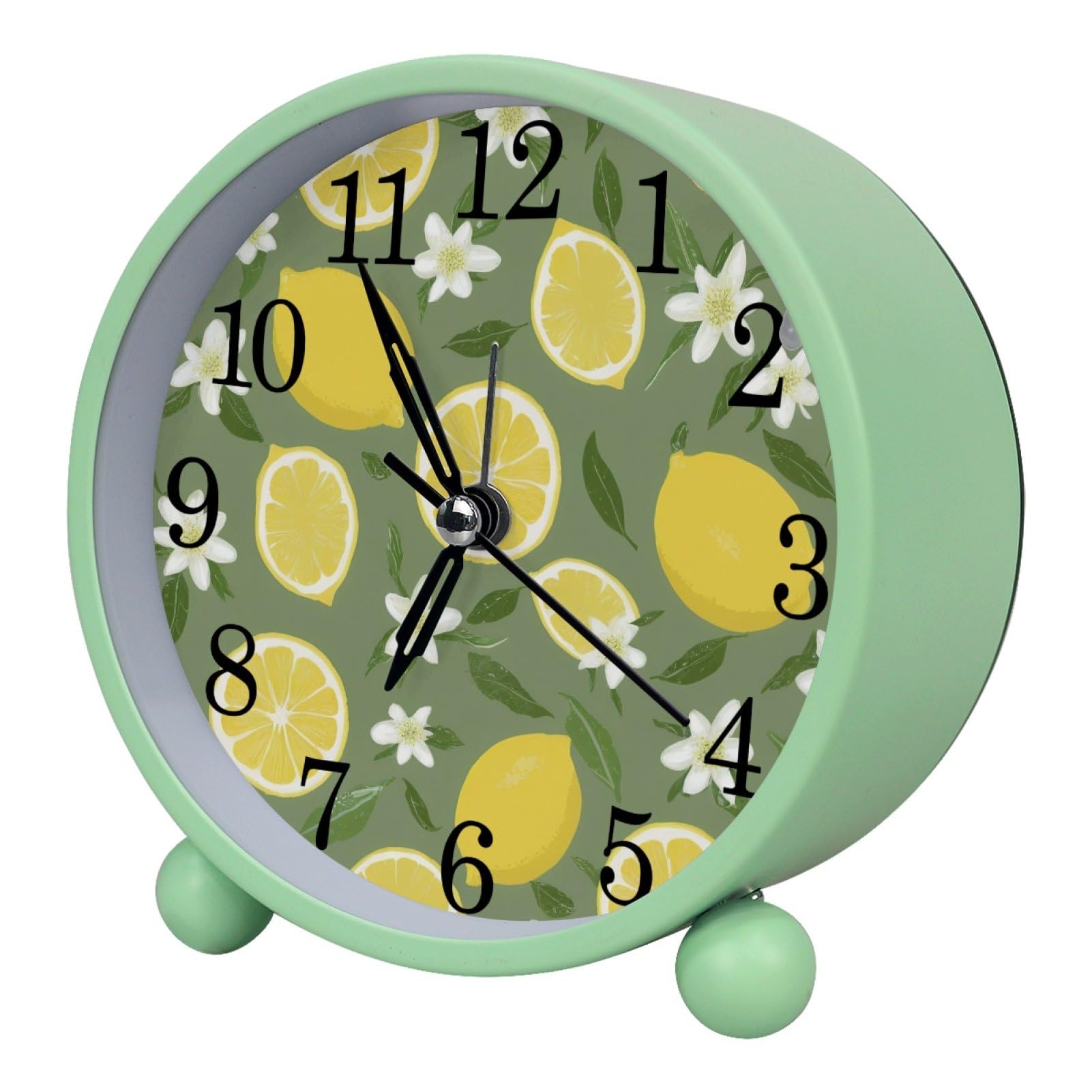 etoenbrc Lemon and Flowers Round Battery Operated Bedside Alarm Clock Non-Ticking Desktop Silent Analog Alarm Clock with Light