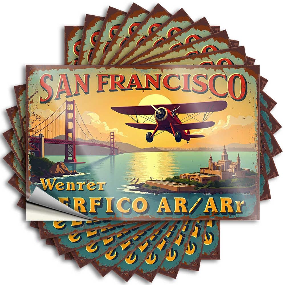Sticker Western, Motorcross Hard Vintage San Francisco Travel Poster: Golden Gate Bridge and Bipla | Bar Room Decor(6X9CM)