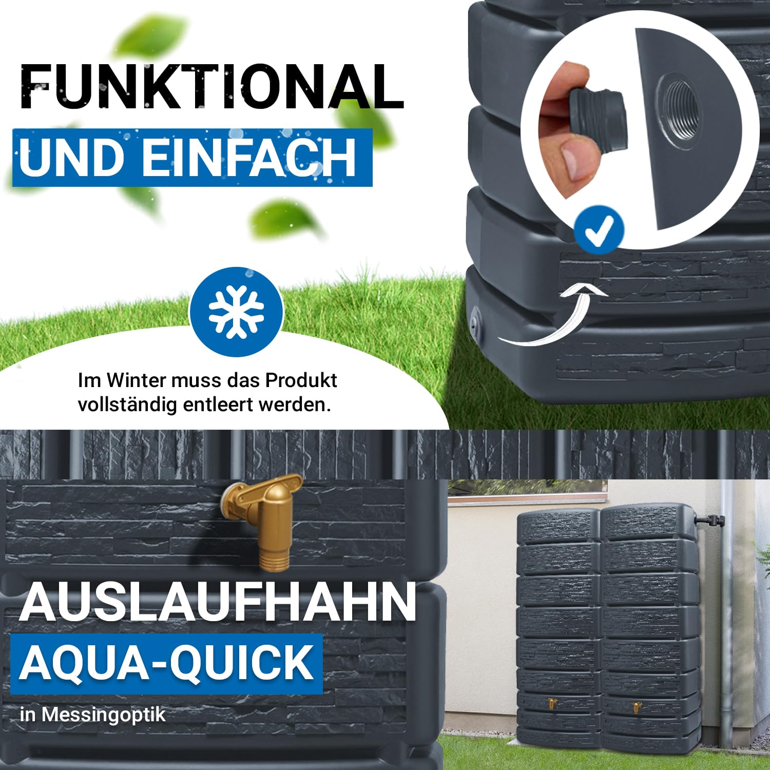 4rain Slim Stone Decor Regentonne Set 1000 Liter Graphitgrau – 2X Regenfass/Wassertank 500 Liter mit Verbinder + Hahn – Frostsicherer Regenwassertank/Regenwassertonne - Wassertonne für Garten
