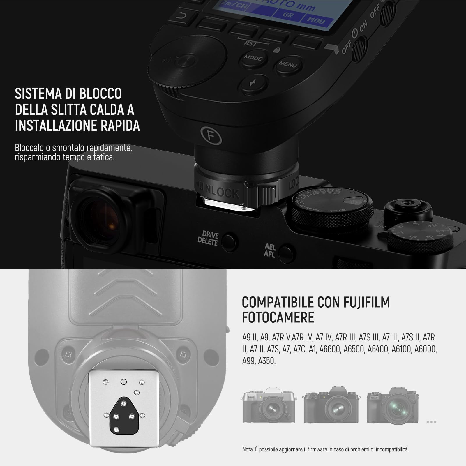 NEEWER QPRO-F TTL Trigger Flash Wireless Migliorato Compatibile con Fujifilm 1/8000s Grande Schermo Inclinato 5 Gruppi 9 Funzioni per Q6 Q4PRO Q120 Z3R Z2PRO Z880 S102-400W PRO