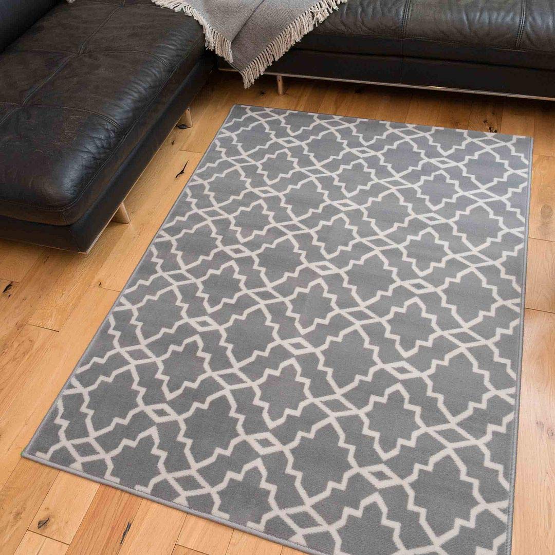 Grey and White Geometric Trellis Area Rug Durable Moroccan Living Room Bedroom Lounge Hallway Rugs 120cm x 170cm