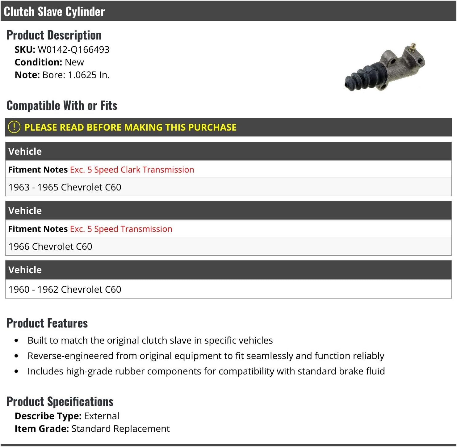 Clutch Cylinder - Compatible with 1960-1966 Chevy C60