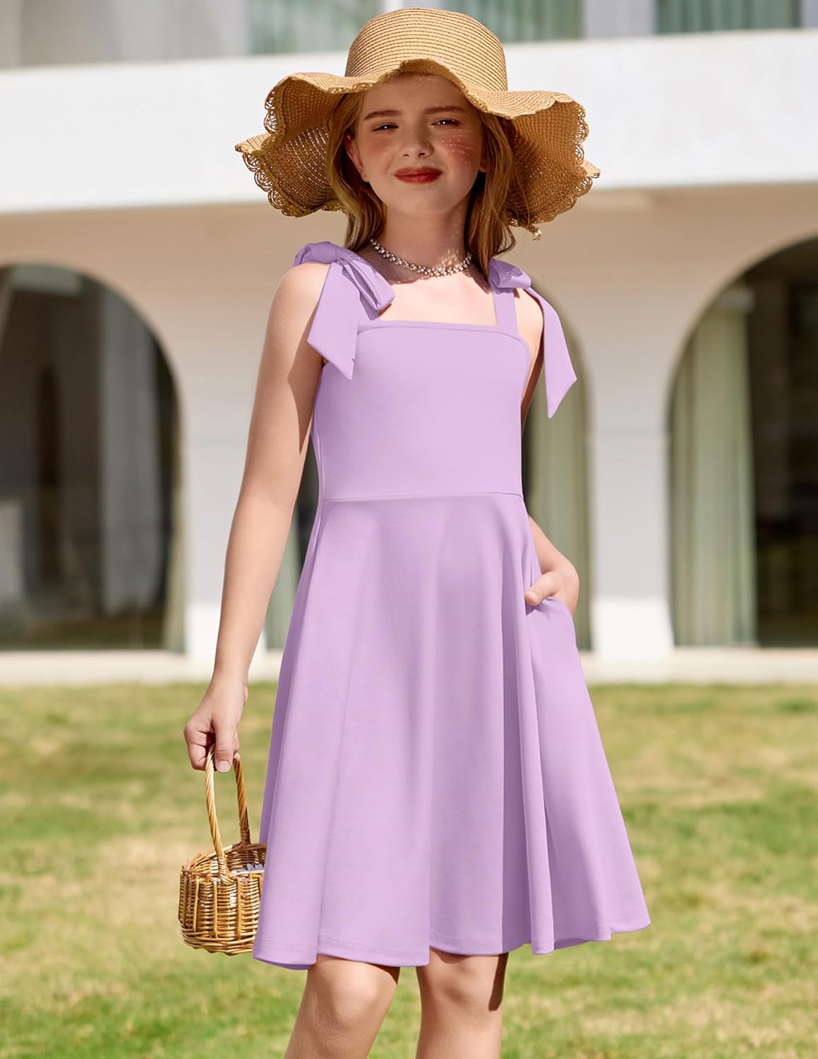 Arshiner Girls Summer Dress Tie Strap Sleeveless Solid Color Square Neck Party Dresses 6-11 Y - Image 2