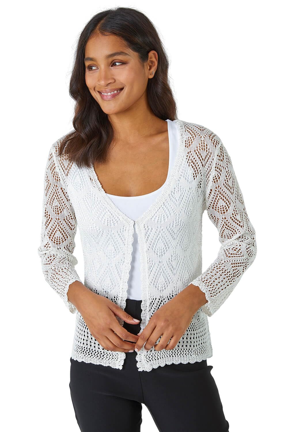 Roman Originals Women's Ivory Knitted Crochet Shimmer Shrug For Uk - Everyday Holiday Spring Summer V Neckline Comfy Soft Evening Vacation Work Party - Size 12