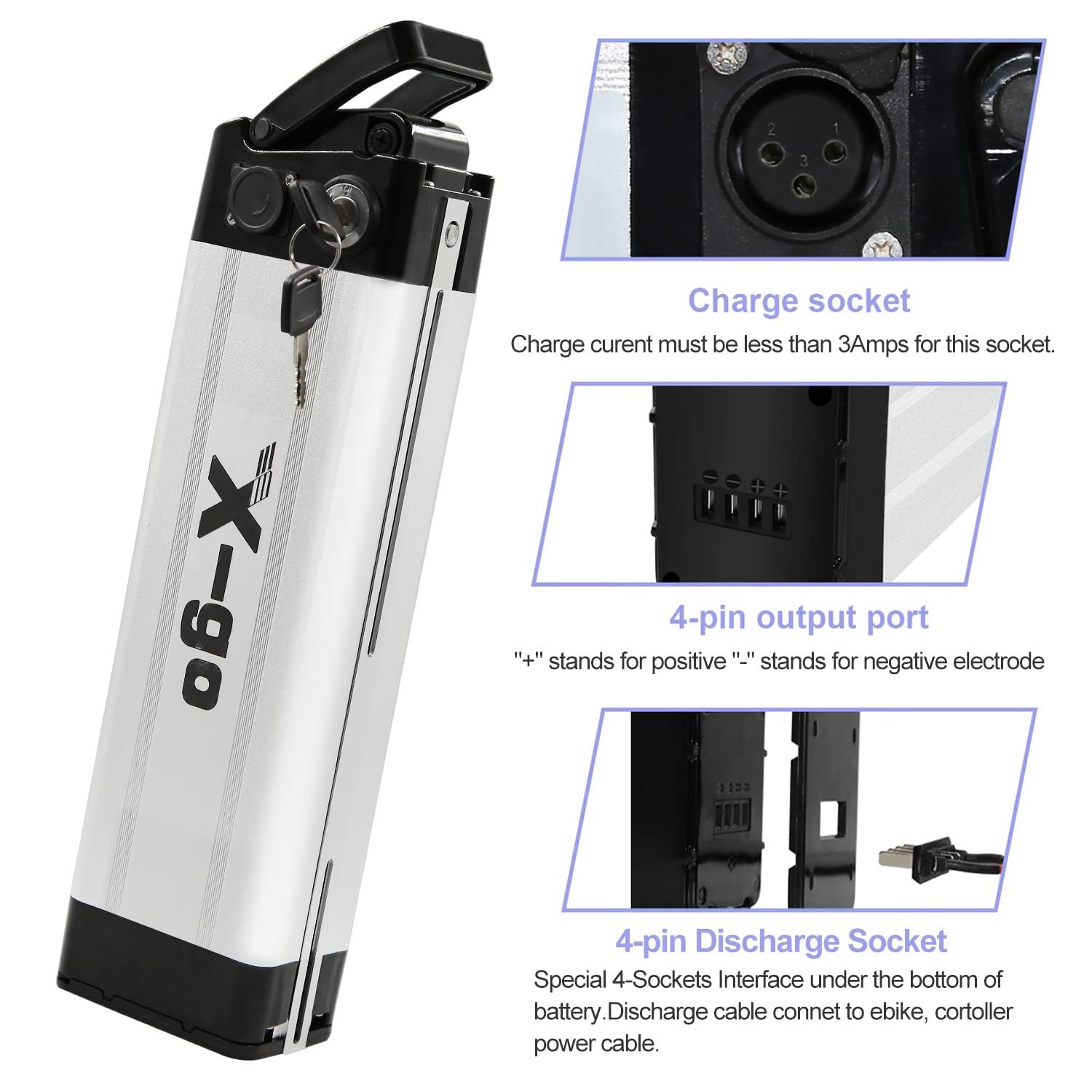 X-go Batteria Ebike, 48V 13AH 4-Pin Batteria per bicicletta elettrica, con caricatore, blocco sicuro, indicatore luminoso a LED per 750W 500W 350W 250W 100W Motore (48V 13AH 4-Pin)