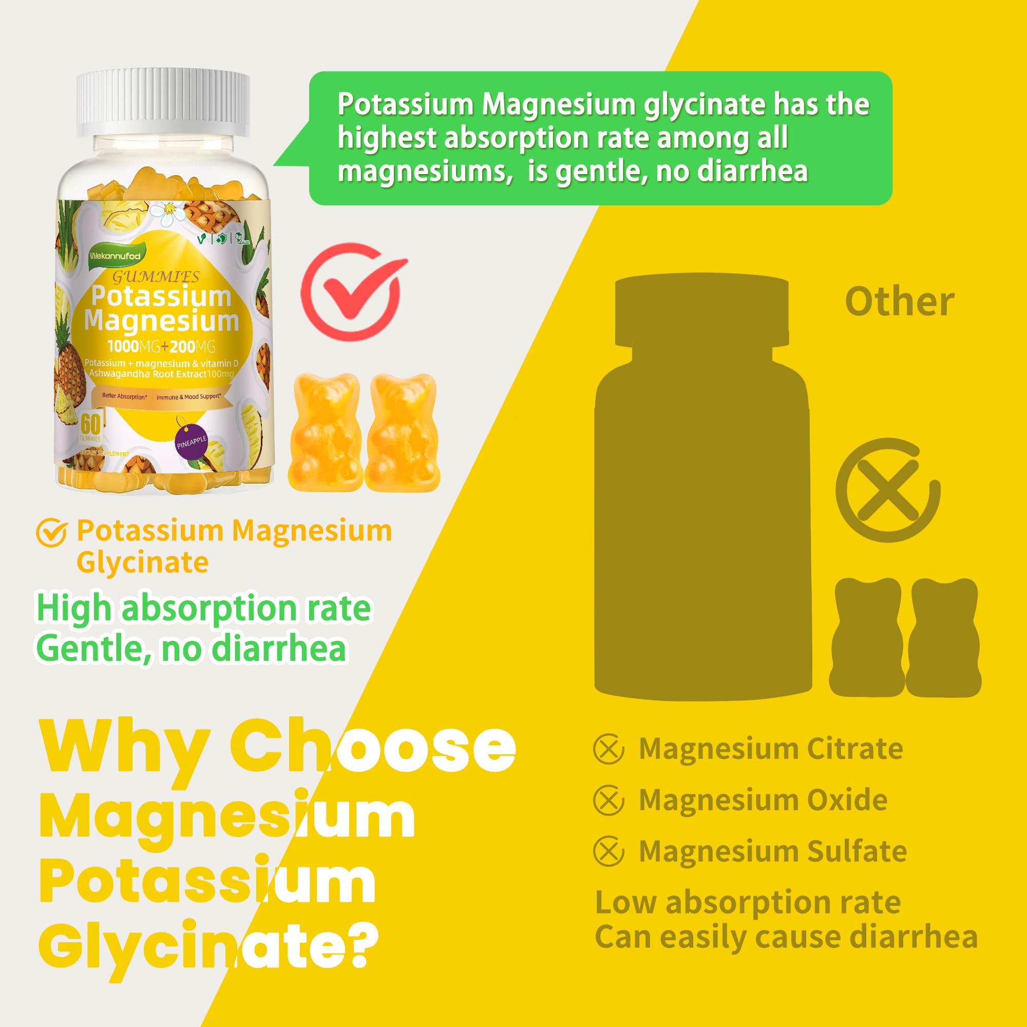 Potassium Magnesium Gummies,High Absorption Magnesium Glycinate,B6,D3,Potassium Citrate for Leg Cramps,Muscle,Electroyte for Adults Kids,Sugar-Free, 60 Gummies (Pineapple) — Amazon image 8