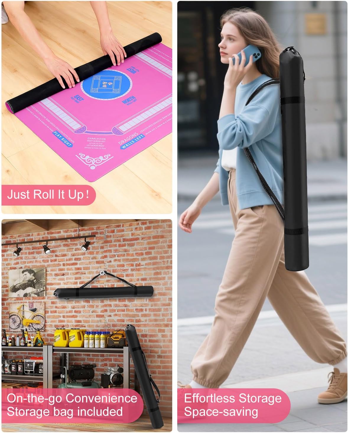 HoRiMe Mahjong Mat for Table 33” x 33”, Premium Non-Slip Noise-Reducing Table Cover, 2mm Thick Waterproof Rubber Game Mat with Carrying Bag – Foldable Mahjong Table Mat for Card & Board Games (Pink)