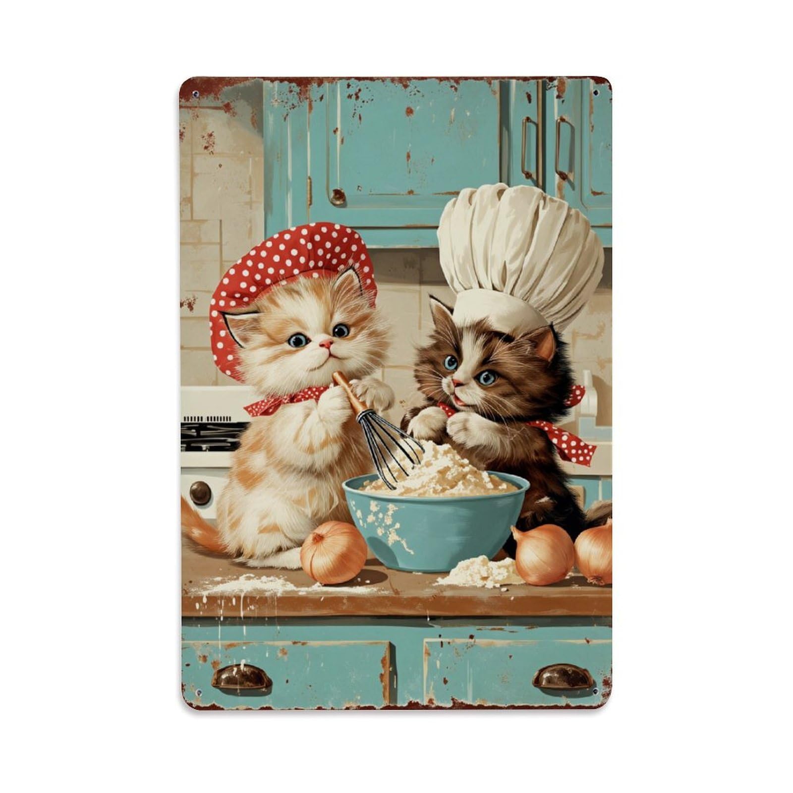 Jdfenggu Vintage Cute Cats Cooking Together Kitchen Retro Metal Tin Sign, Decor Art Poster For Bar, Home, Man Cave, Kitchen, Laundry Room Gift 8X12inch