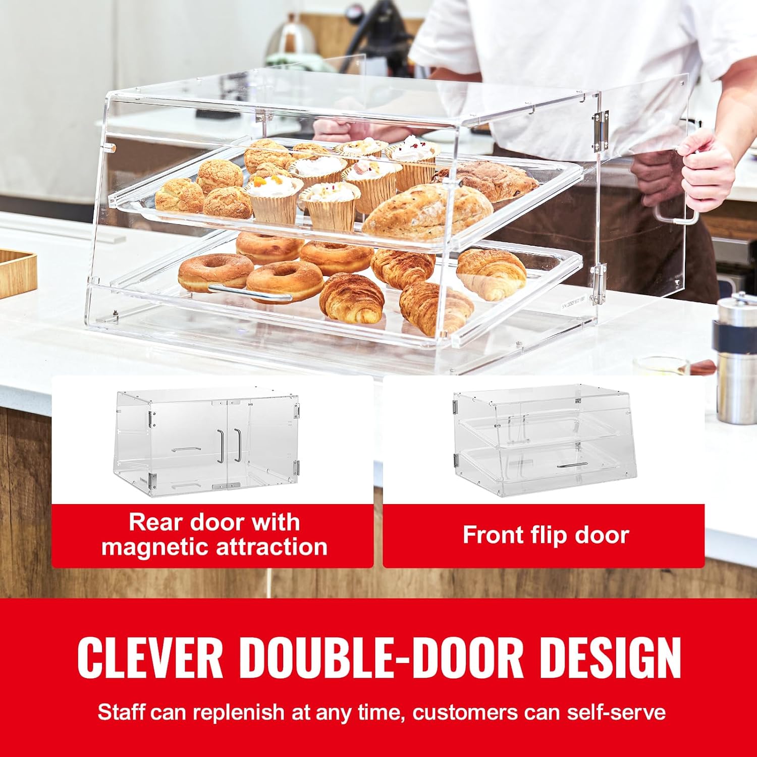 Happybuy 2-Tier Pastry Display Case, Commercial Acrylic Countertop Showcase, Removable Shelves & Rear Door Access for Donuts, Bagels, Cakes, Cookies, 20.7"x13.2"x11.9"