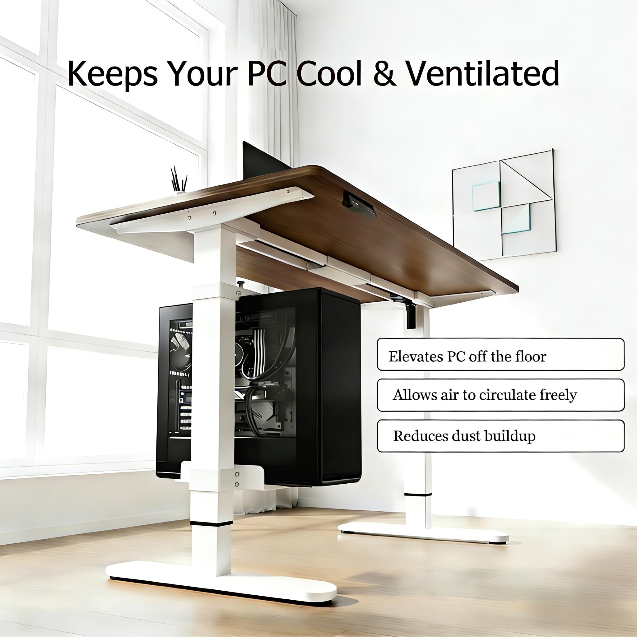Verstellbare PC-Halterung unter dem Schreibtisch, Ohne Bohren, CPU-Halter für höhenverstellbare Schreibtische, Belastbar bis 18 kg (40 lbs), Nur für Tischbeine 80×50 mm (L×B), Einfache Montag (White)