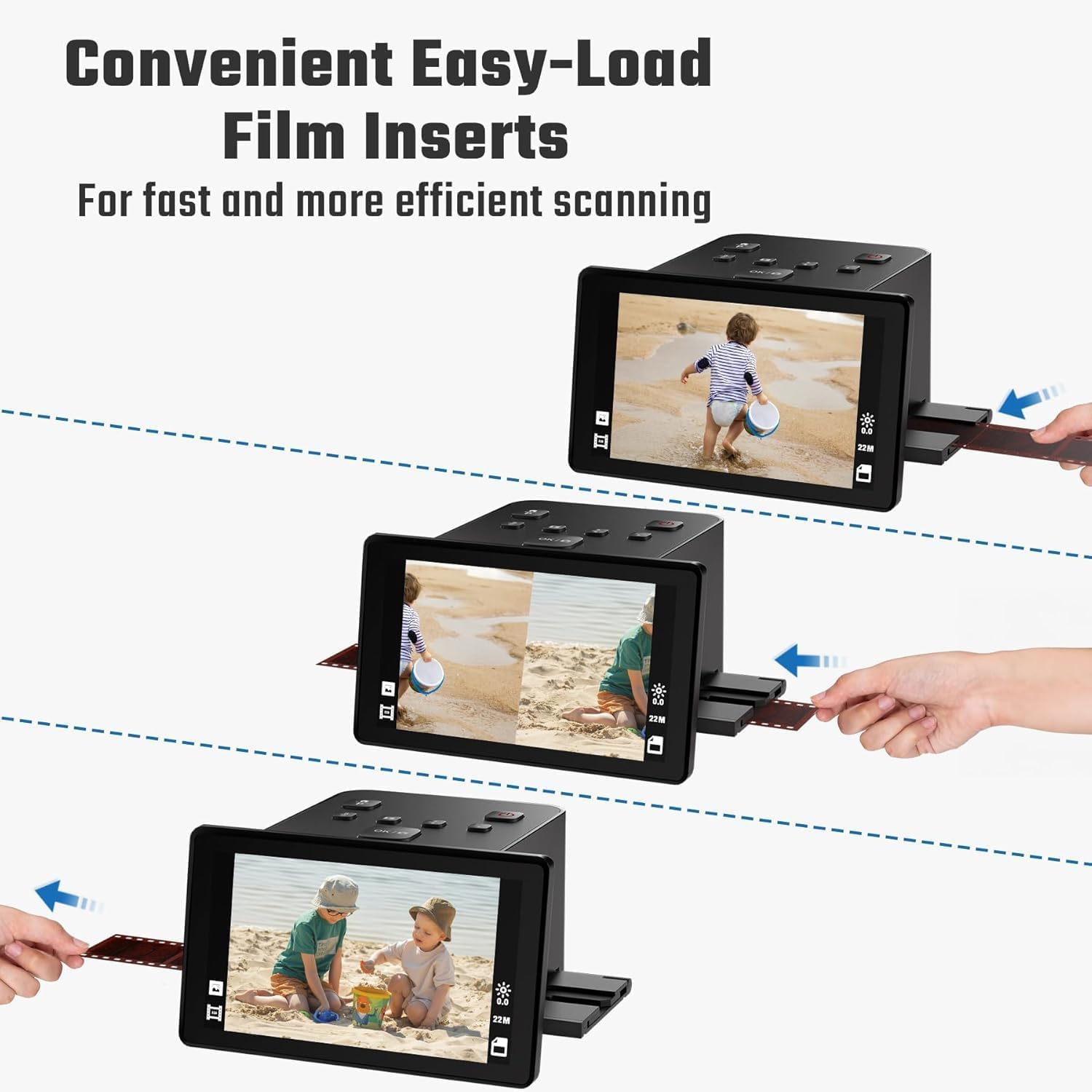 Scanner de films et diapositives – Convertit les négatifs et diapositives de films 35 mm, 126, 110 en photos numériques de 22 MP – Scanner de négatifs avec écran LCD de 5", inserts à chargement facile