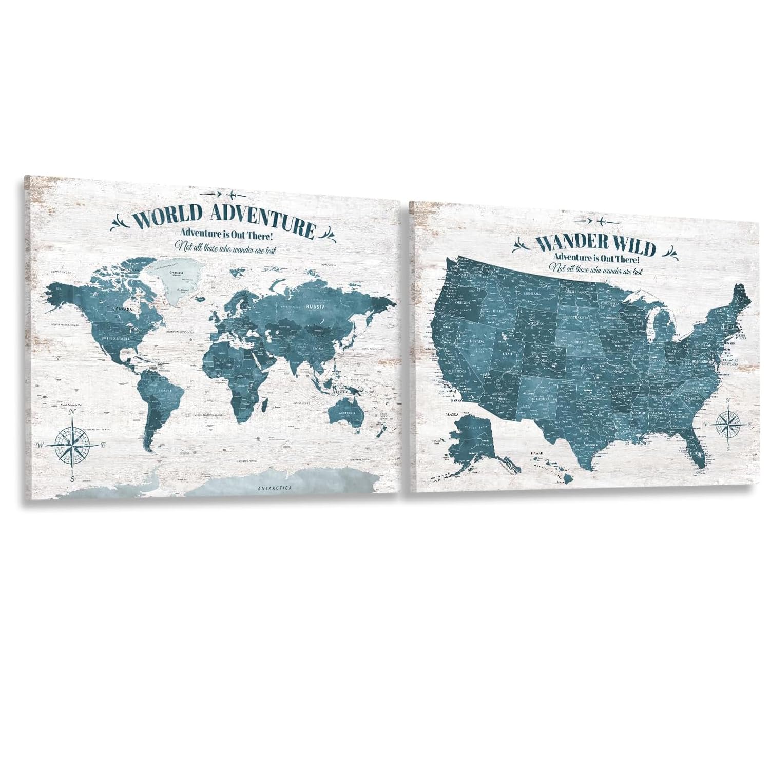 IPIC Antique Blue World Map Pin Board and USA Map, Set of 2, Size 40x30 in