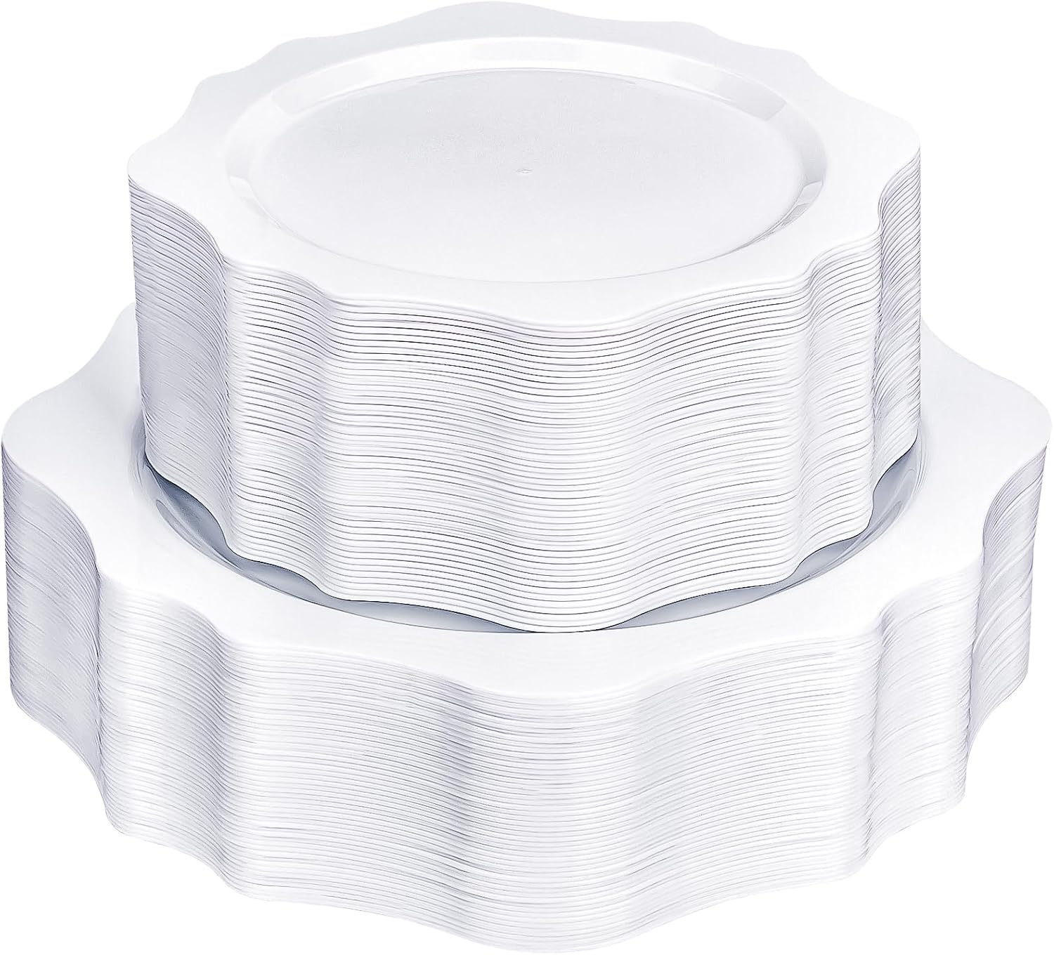 100 PCS White Disposable Plates for 50 Guests, Scalloped Plastic Plates Include 50 Dinner Plates and 50 Dessert Plates for Party, Wedding