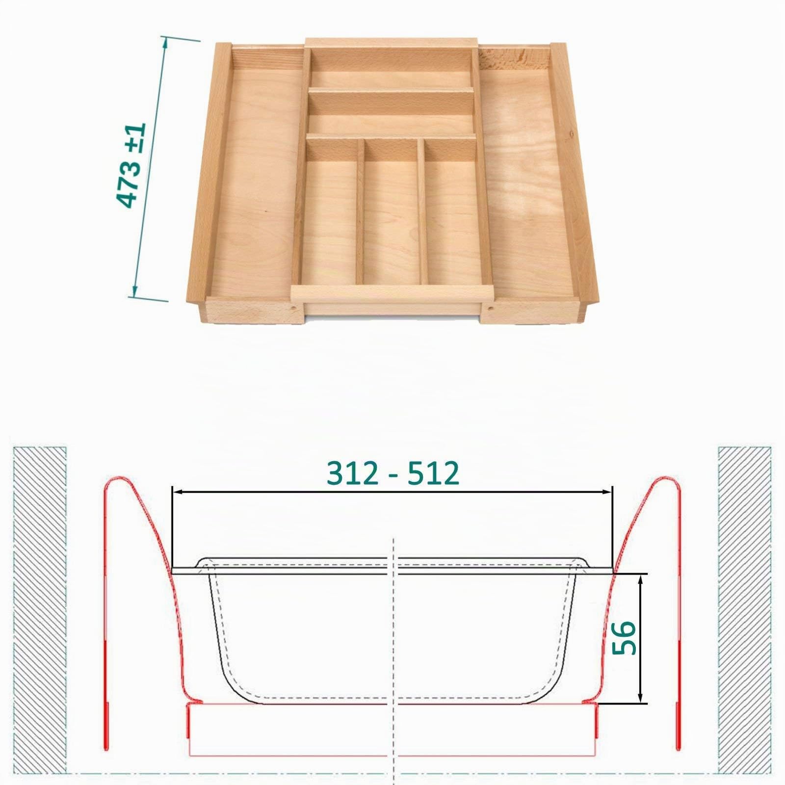 Orga-box HAYA Cubertero extensible para anchura de cajón 40-60 cm p.ej. en cocinas Nobilia a partir de 2013 Cubertero de madera con 5-7 compartimentos III