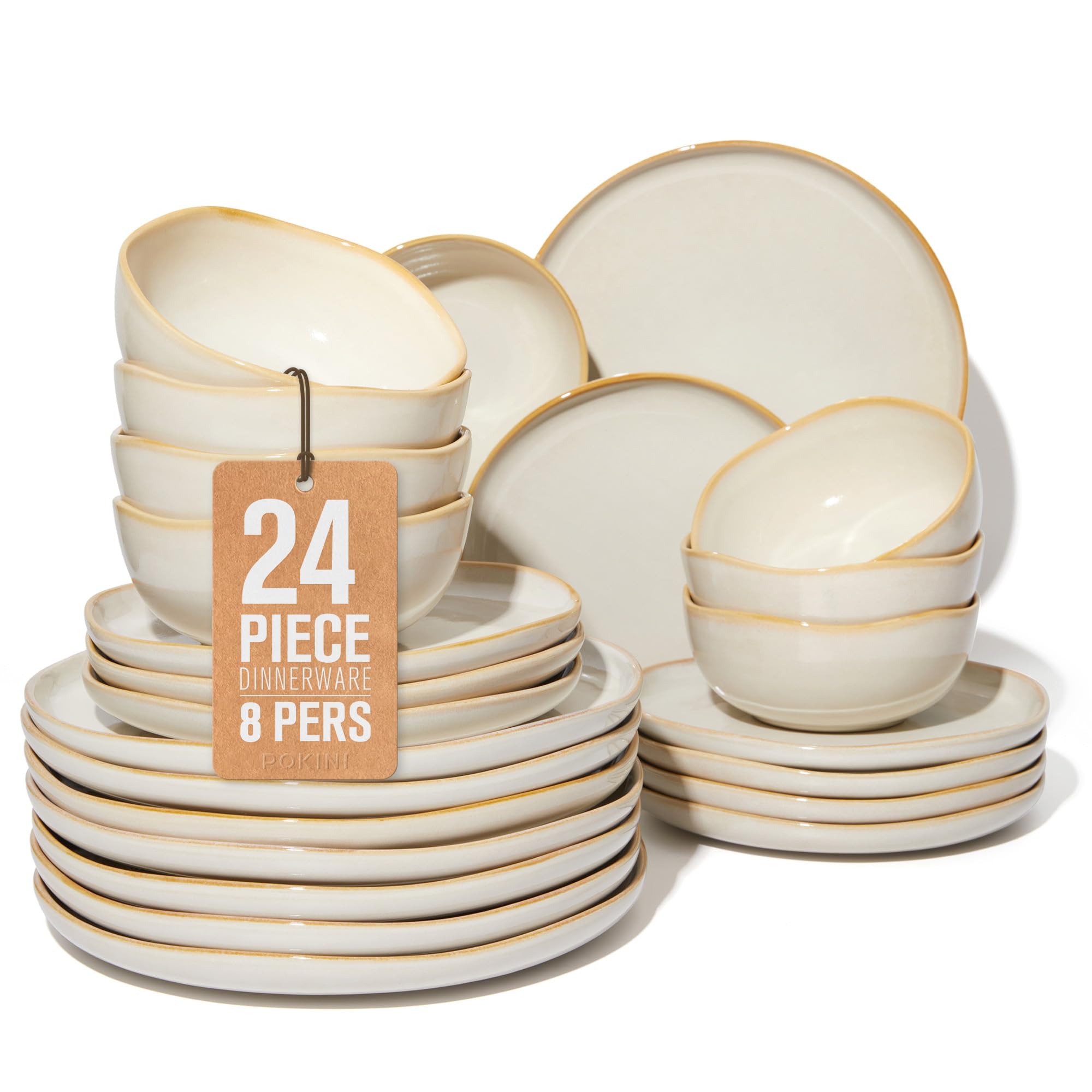Pokini Stoneware Dinnerware Sets for 8, 24Pcs Ceramic Plates and Bowls Sets