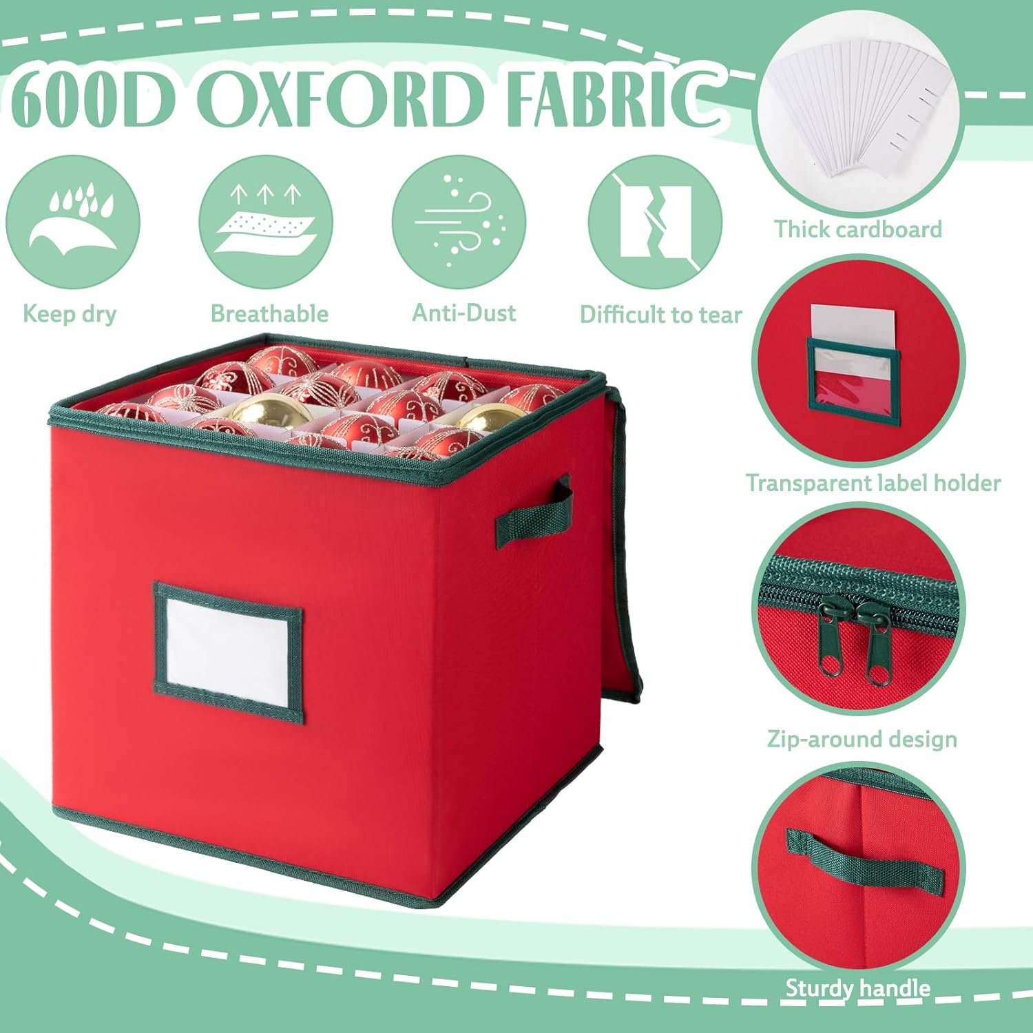 OIAHOMY 2 Pack Ornament Storage Box with Handle, Each Ornament Storage Holds 64 Balls, Christmas Decoration Box Include Plastic Trays and Zip-Lock Lid, Made of 600D Oxford Fabric - Red - Image 4